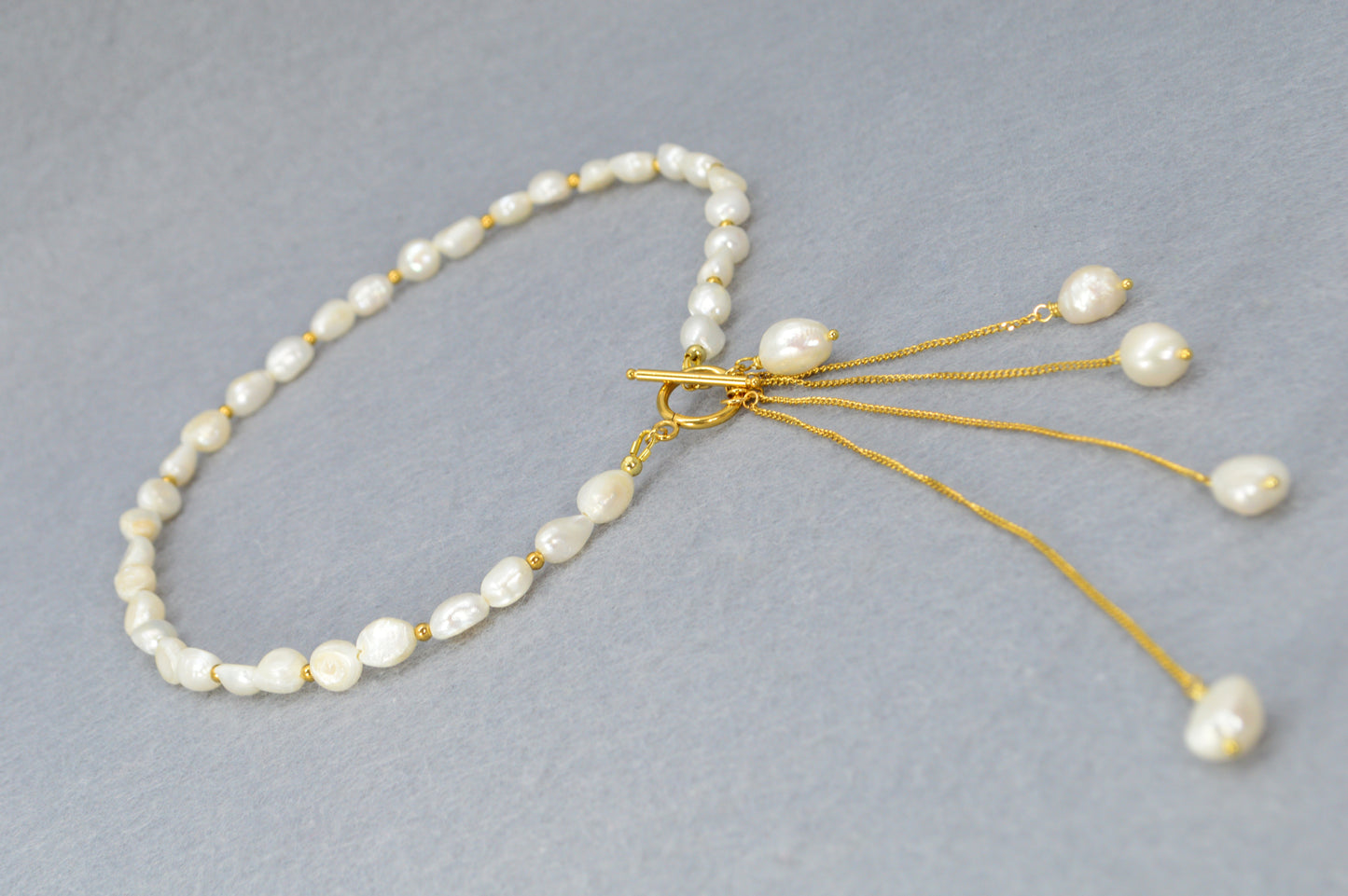 Gold Pearl Tassel Necklace | Freshwater Pearls & Stainless Steel | Toggle-Front Lariat