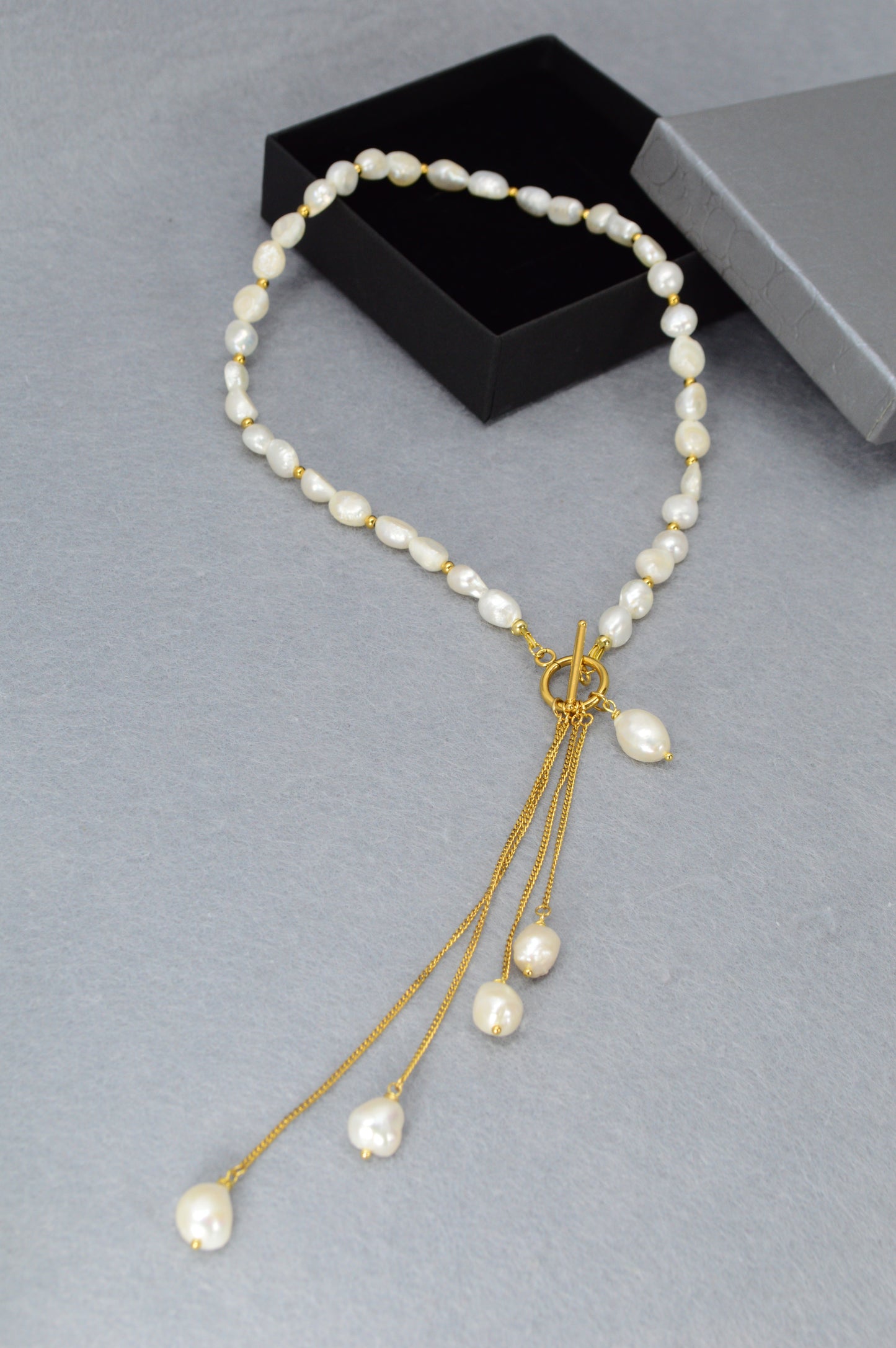 Gold Pearl Tassel Necklace | Freshwater Pearls & Stainless Steel | Toggle-Front Lariat