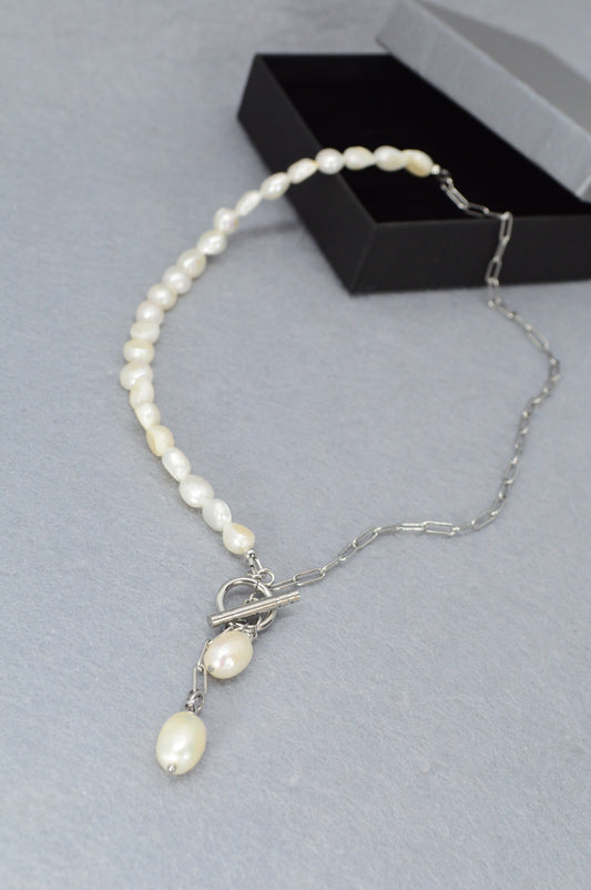 Silver Asymmetrical Pearl Necklace | Stainless Steel & Freshwater Pearls | Modern Minimalist Design