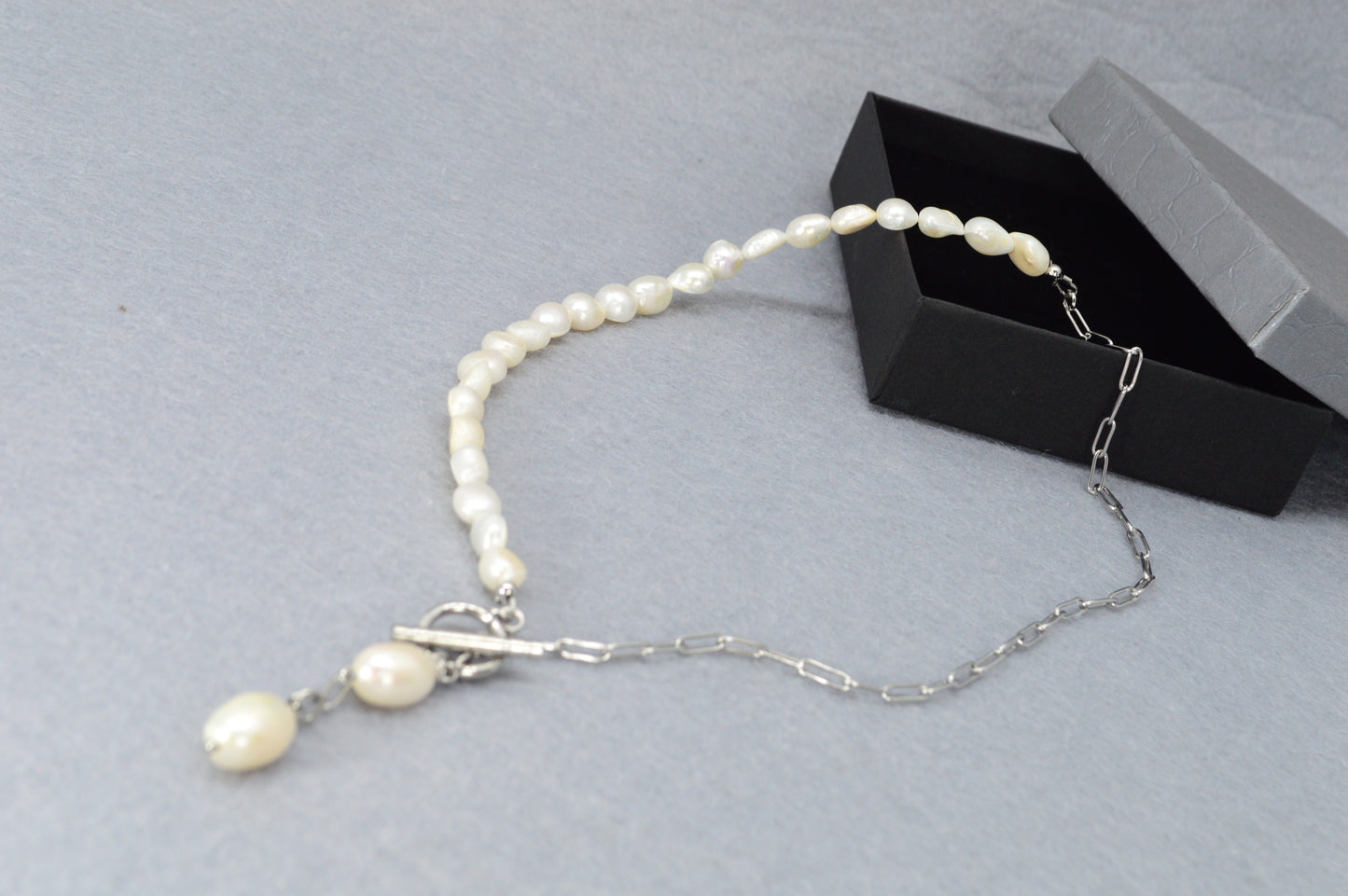 Silver Asymmetrical Pearl Necklace | Stainless Steel & Freshwater Pearls | Modern Minimalist Design