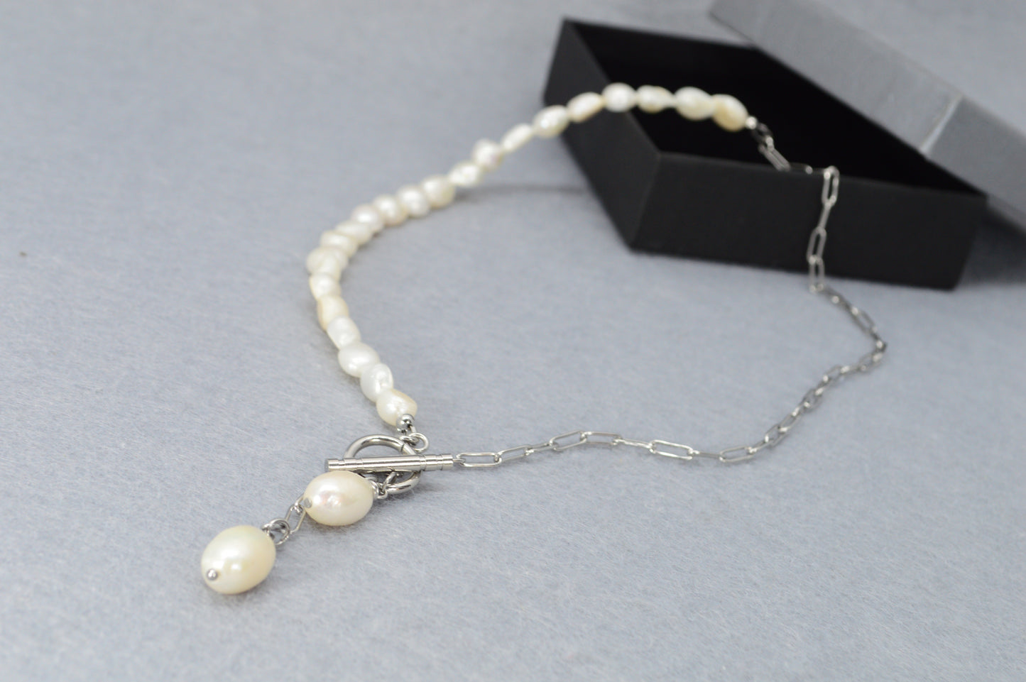 Silver Asymmetrical Pearl Necklace | Stainless Steel & Freshwater Pearls | Modern Minimalist Design