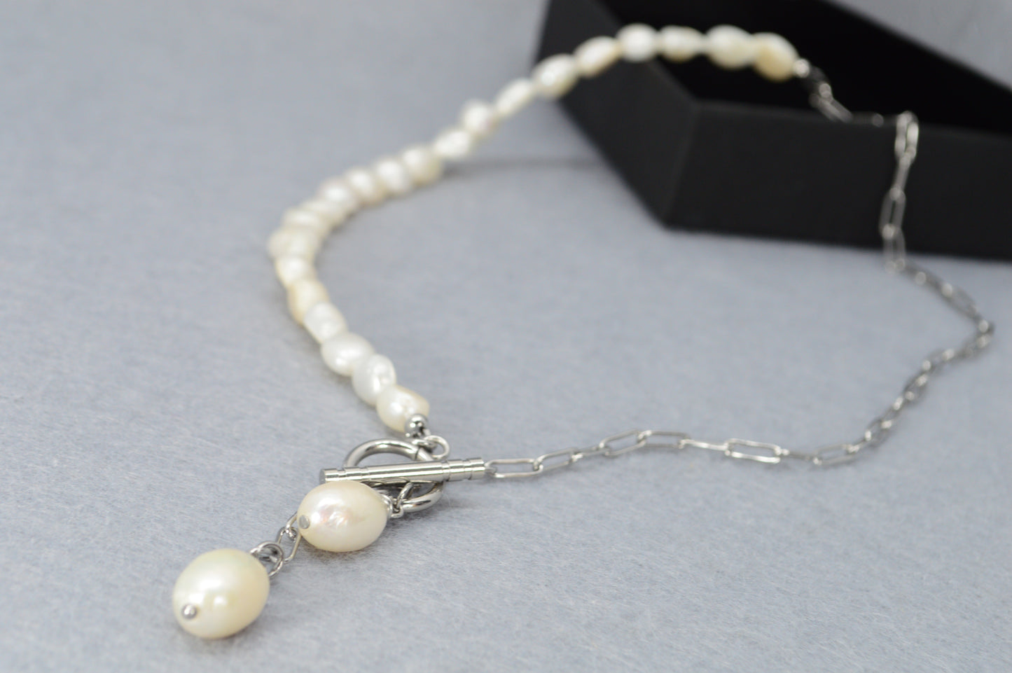 Silver Asymmetrical Pearl Necklace | Stainless Steel & Freshwater Pearls | Modern Minimalist Design