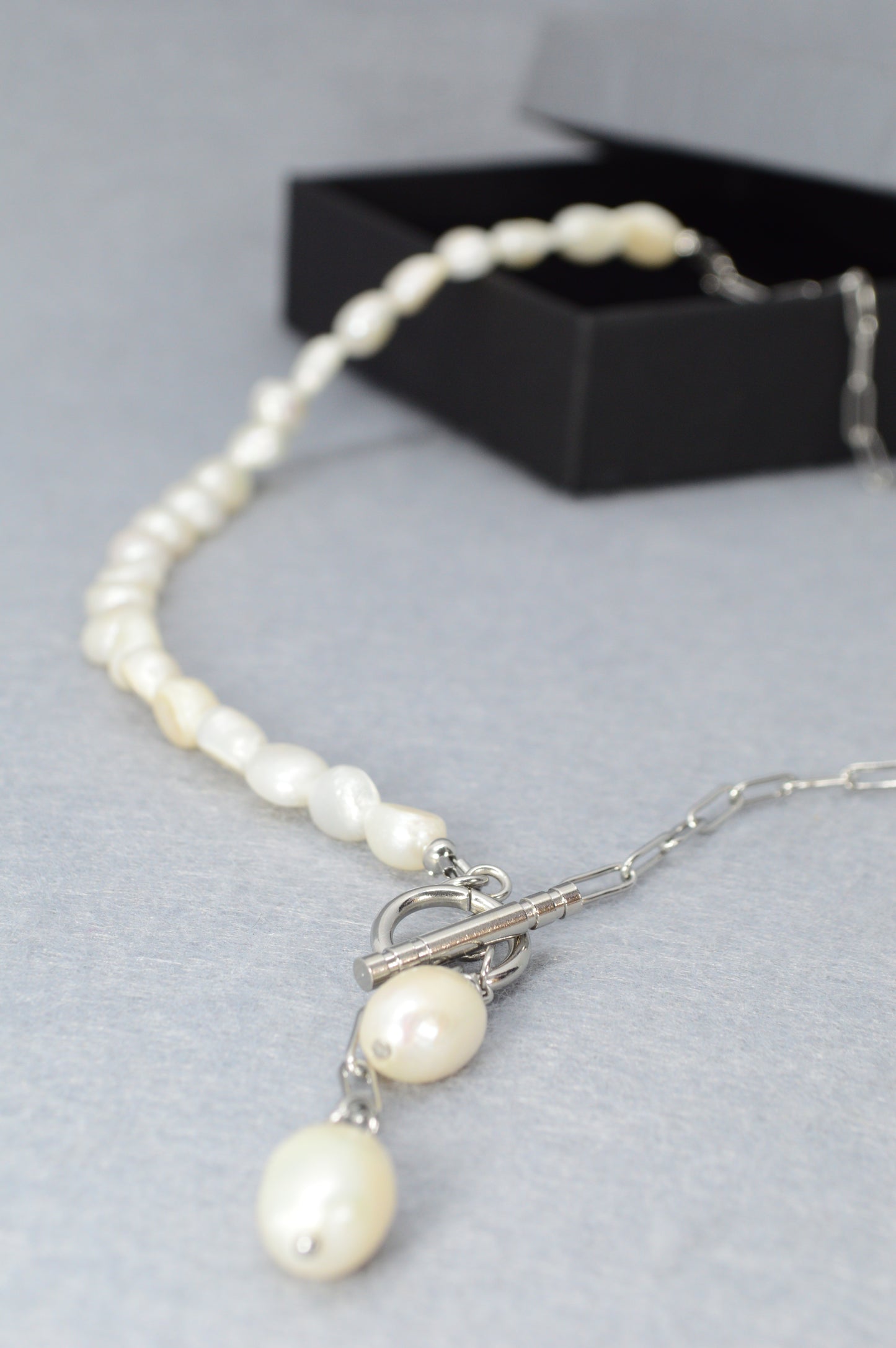 Silver Asymmetrical Pearl Necklace | Stainless Steel & Freshwater Pearls | Modern Minimalist Design