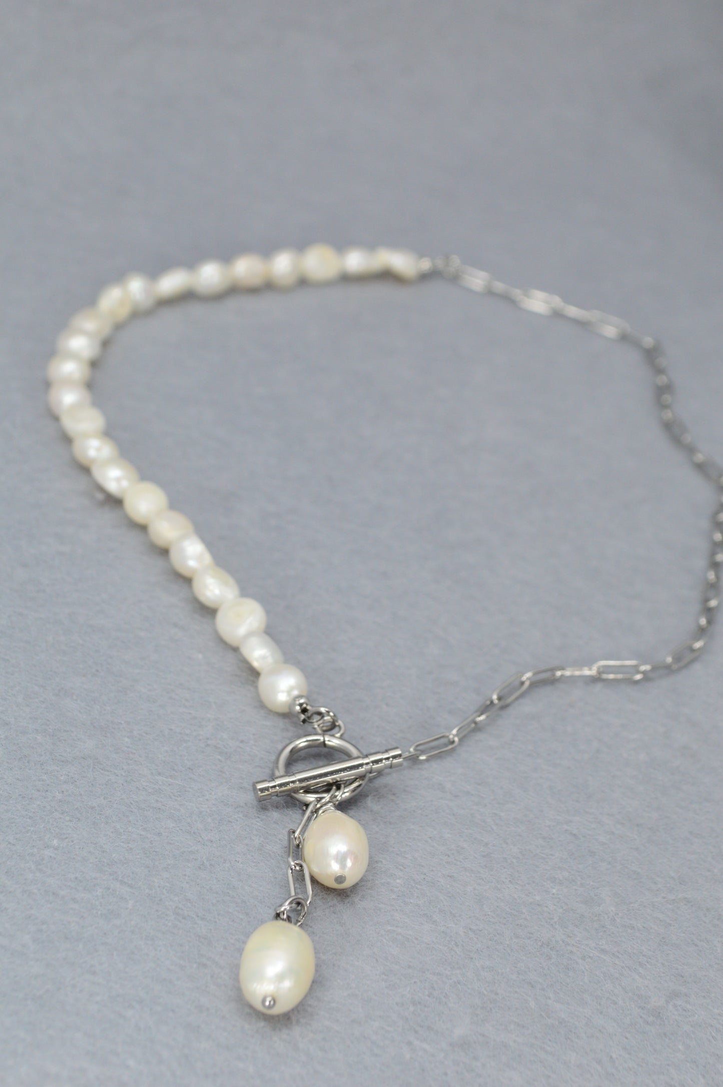 Silver Asymmetrical Pearl Necklace | Stainless Steel & Freshwater Pearls | Modern Minimalist Design