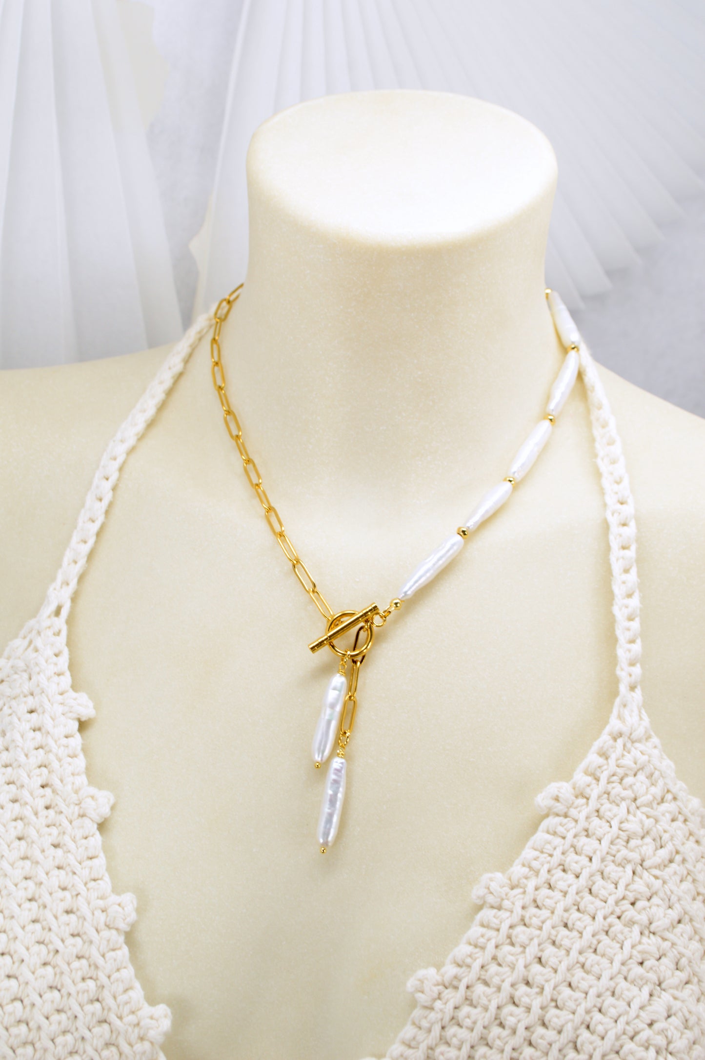 Gold Asymmetrical Pearl Necklace | Stainless Steel & Freshwater Stick Pearls | Modern Baroque Style