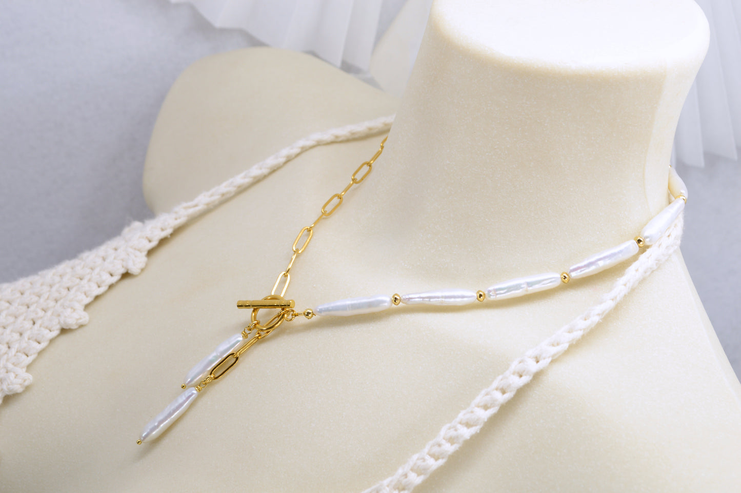 Gold Asymmetrical Pearl Necklace | Stainless Steel & Freshwater Stick Pearls | Modern Baroque Style