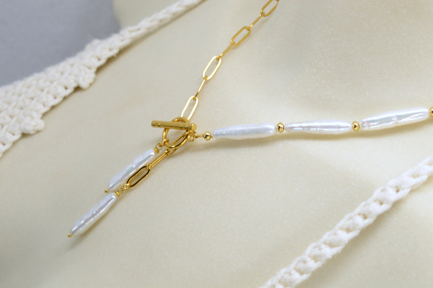Gold Asymmetrical Pearl Necklace | Stainless Steel & Freshwater Stick Pearls | Modern Baroque Style