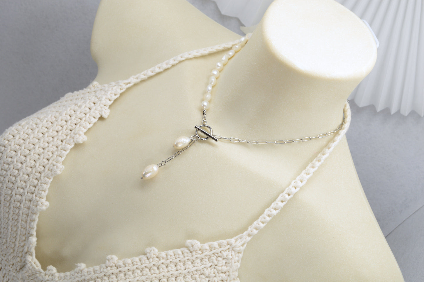 Silver Asymmetrical Pearl Necklace | Stainless Steel & Freshwater Pearls | Modern Minimalist Design
