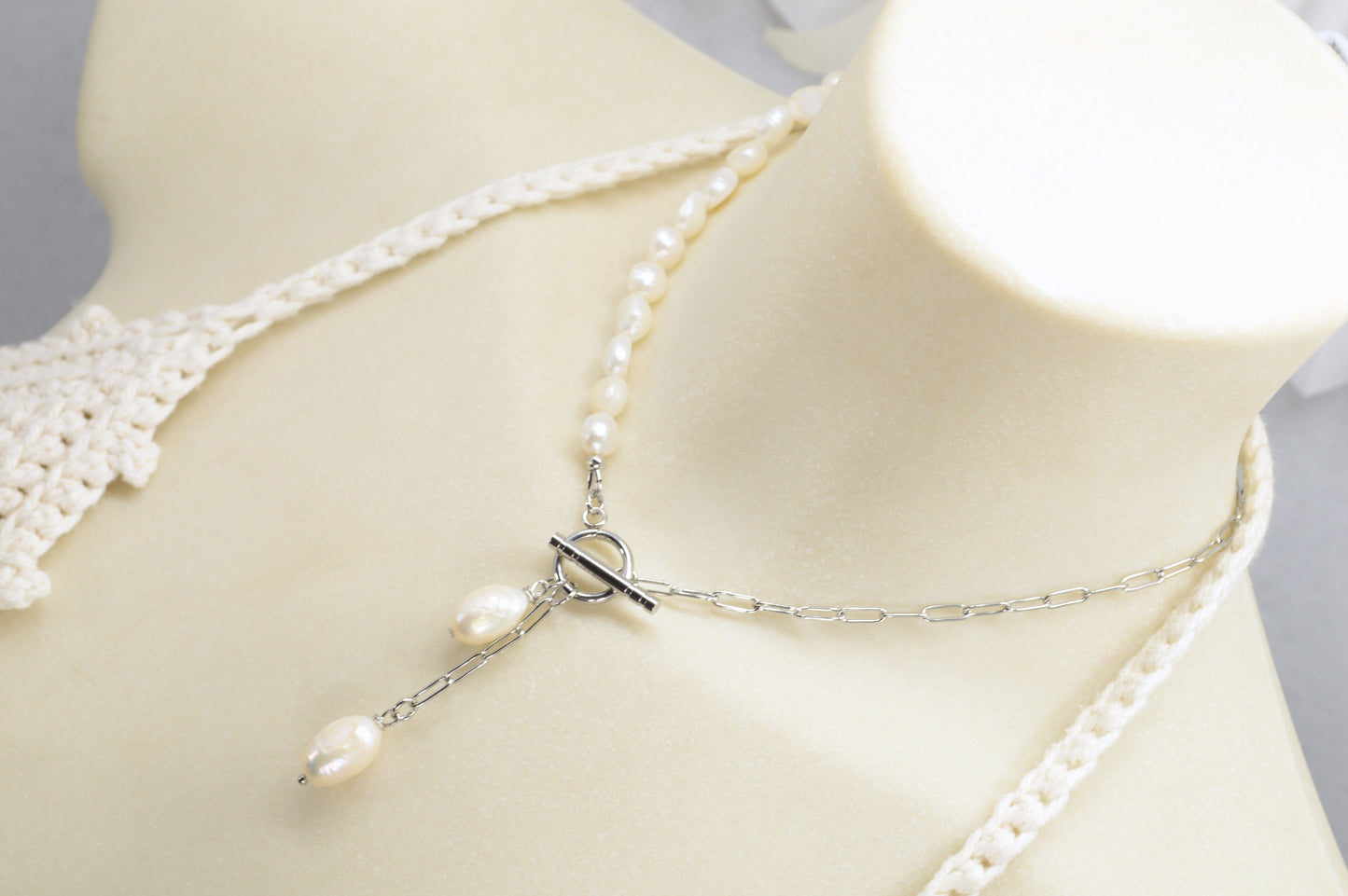 Silver Asymmetrical Pearl Necklace | Stainless Steel & Freshwater Pearls | Modern Minimalist Design