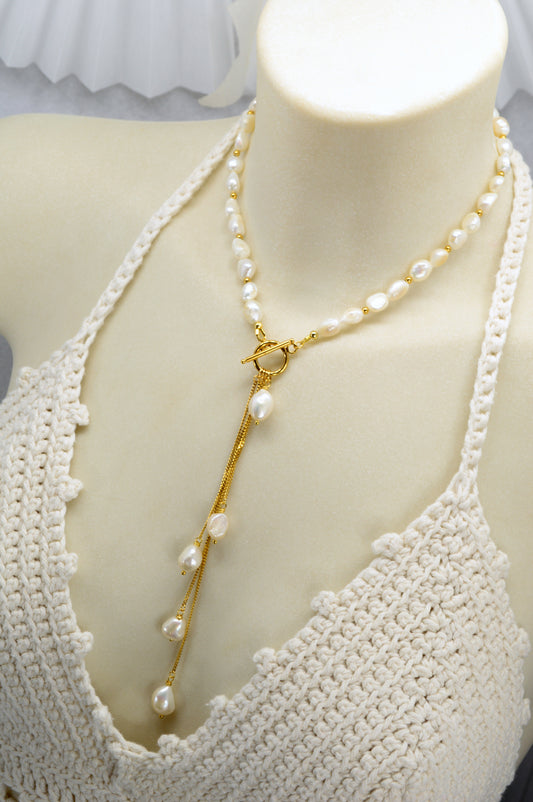 Gold Pearl Tassel Necklace | Freshwater Pearls & Stainless Steel | Toggle-Front Lariat