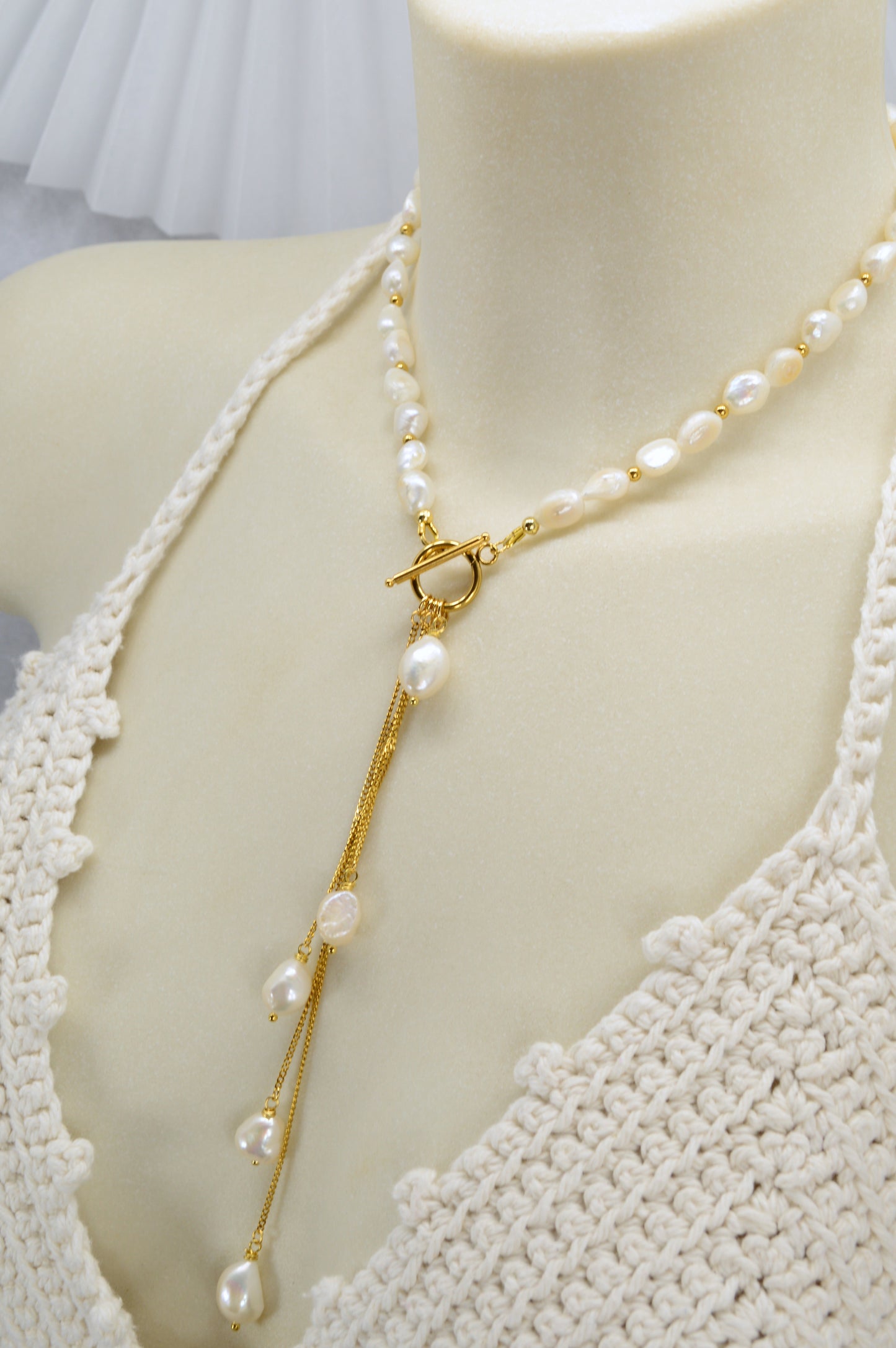Gold Pearl Tassel Necklace | Freshwater Pearls & Stainless Steel | Toggle-Front Lariat