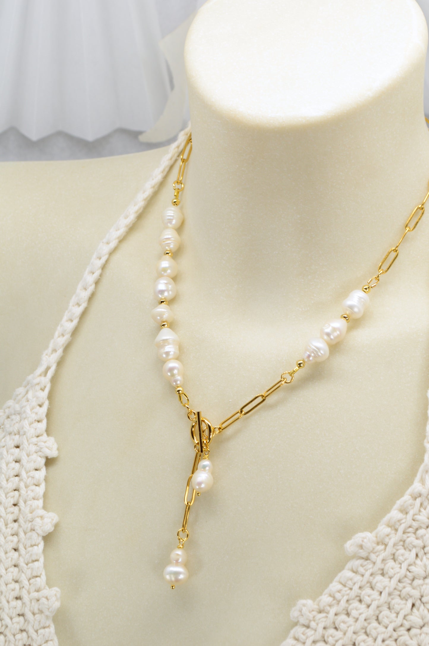 Gold Asymmetrical Pearl Necklace | Stainless Steel & Freshwater Pearls | Modern Baroque