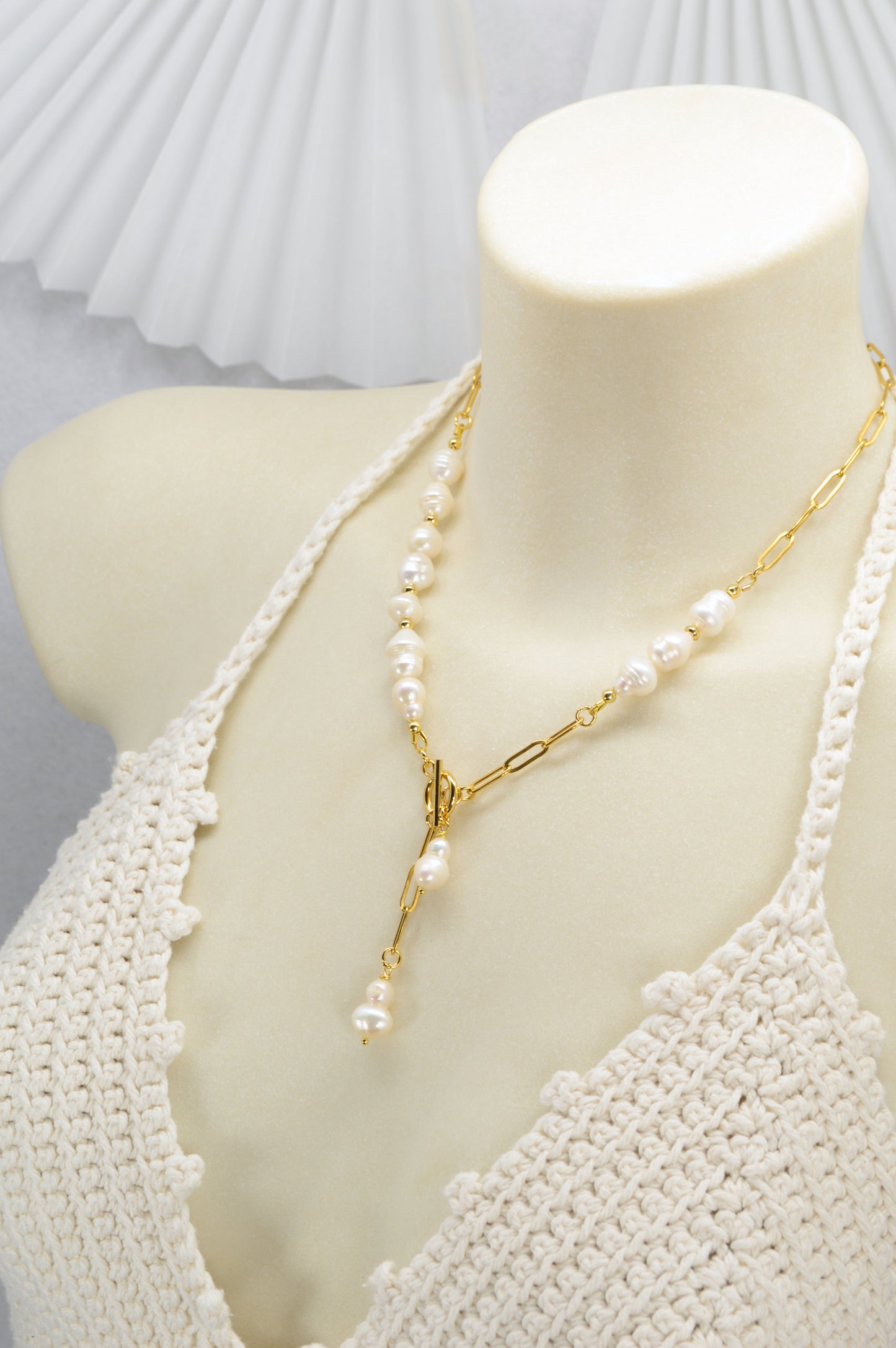 Gold Asymmetrical Pearl Necklace | Stainless Steel & Freshwater Pearls | Modern Baroque