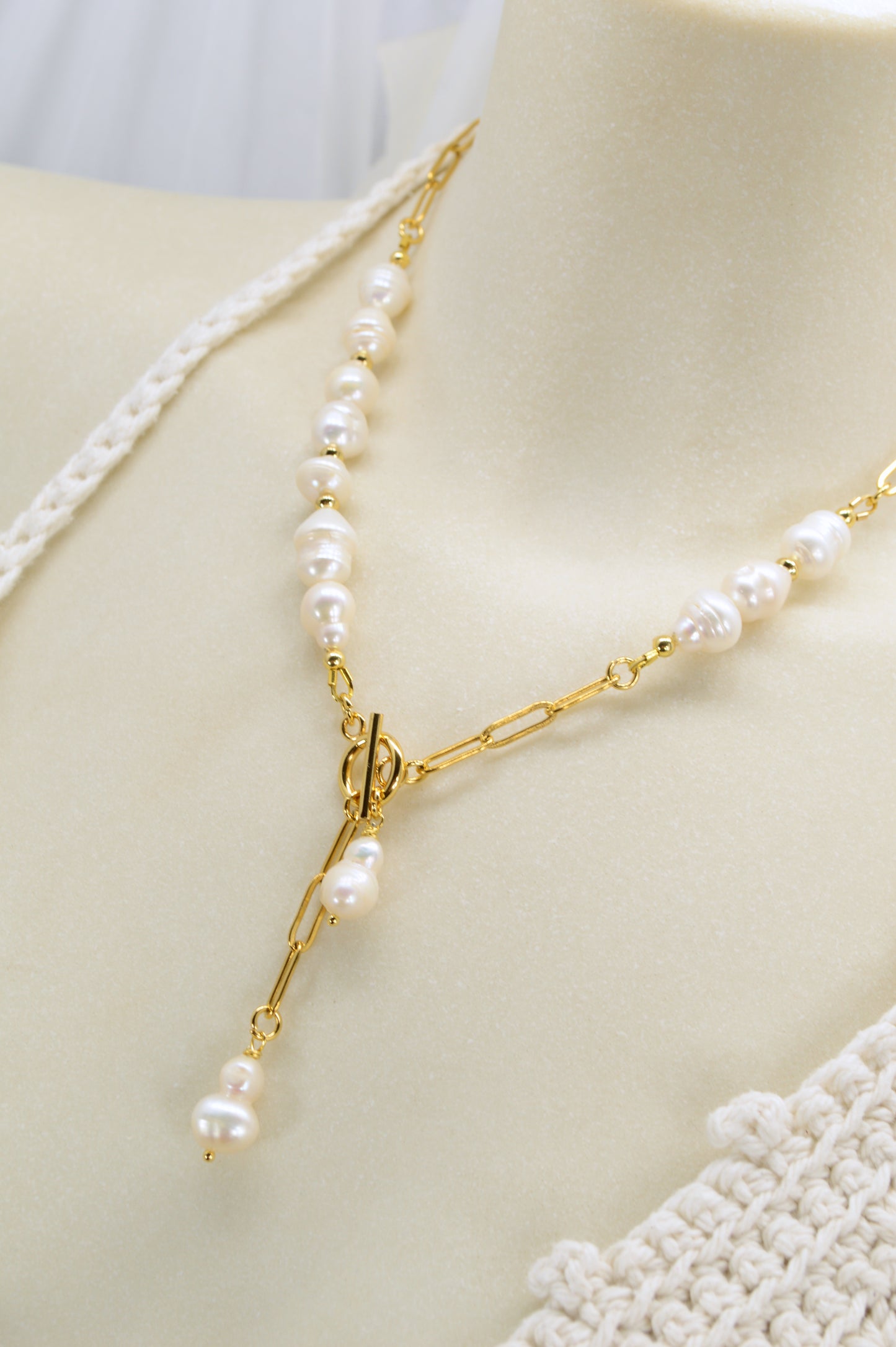 Gold Asymmetrical Pearl Necklace | Stainless Steel & Freshwater Pearls | Modern Baroque