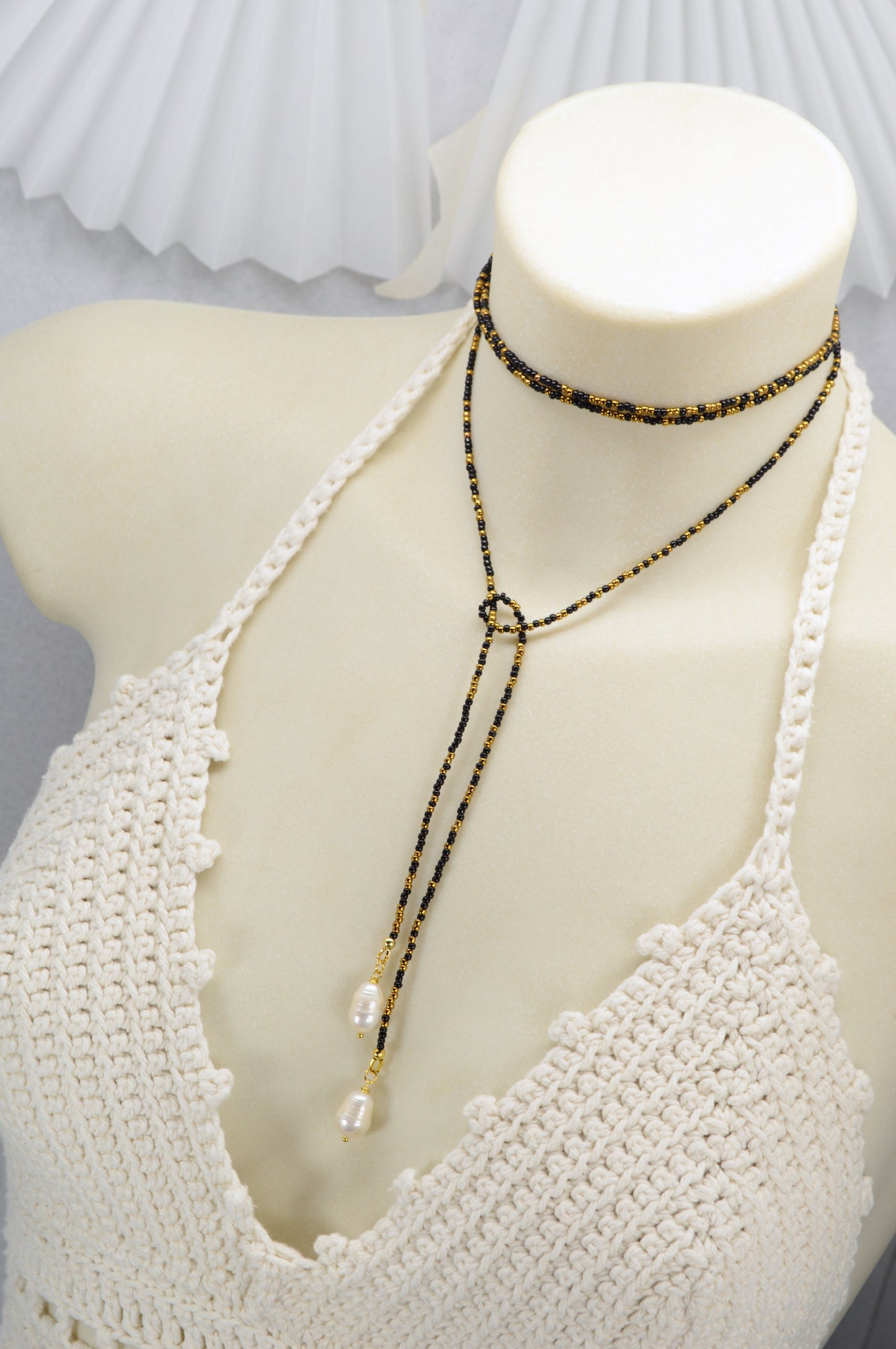 Boho Pearl Beaded Lariat Necklace – 45" Wrap Y Necklace with Pearls – Blue, Black, or Gold
