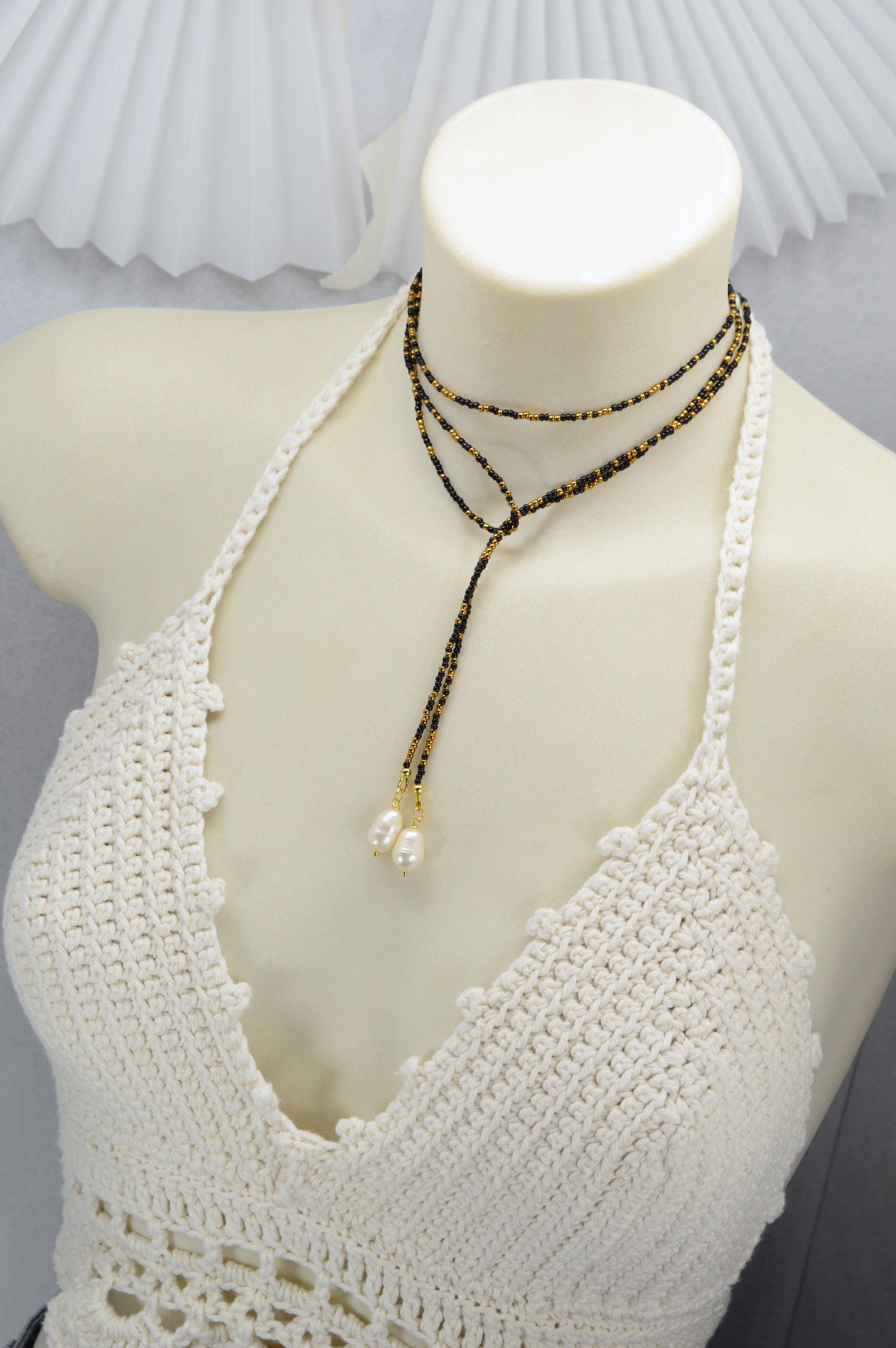 Boho Pearl Beaded Lariat Necklace – 45" Wrap Y Necklace with Pearls – Blue, Black, or Gold