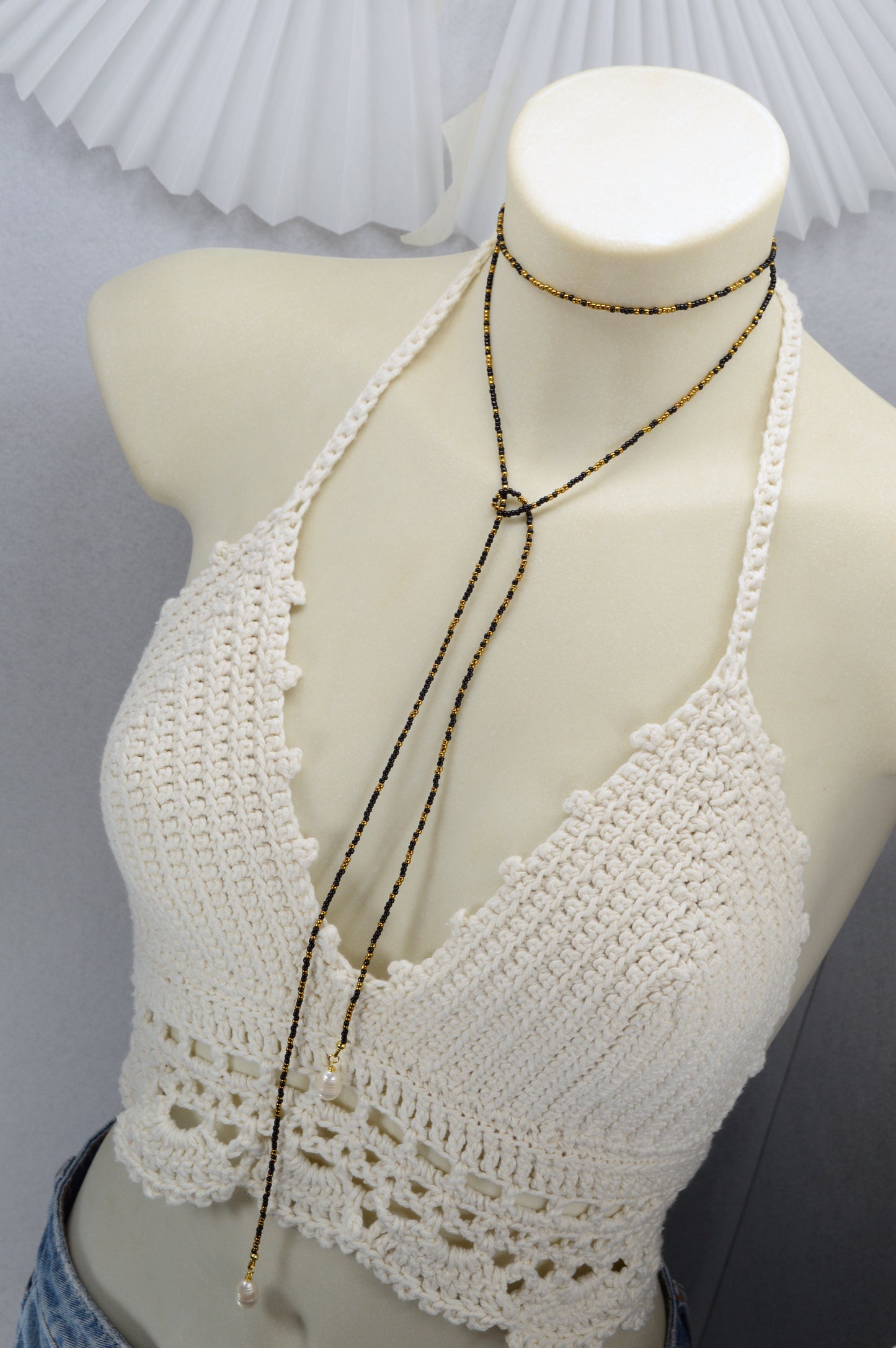 Boho Pearl Beaded Lariat Necklace – 45" Wrap Y Necklace with Pearls – Blue, Black, or Gold