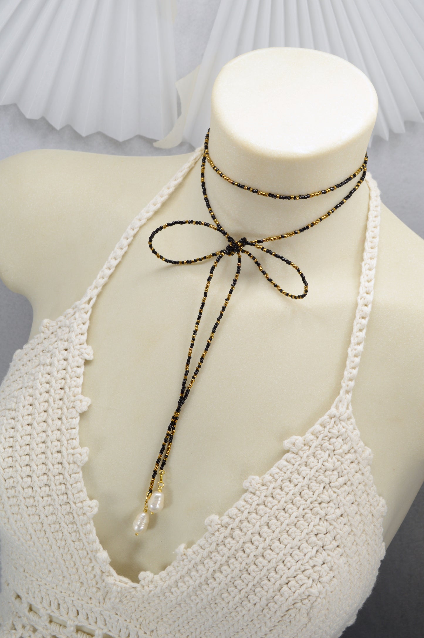 Boho Pearl Beaded Lariat Necklace – 45" Wrap Y Necklace with Pearls – Blue, Black, or Gold