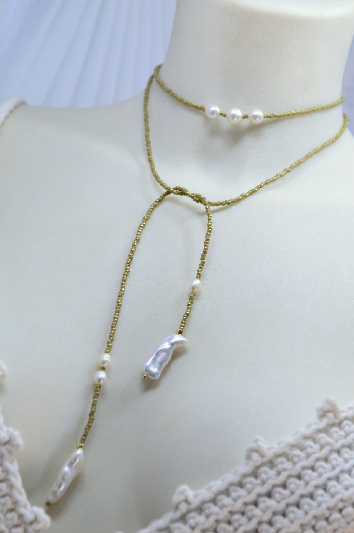 Apple Green Olive Beaded Pearl Wrap Lariat
