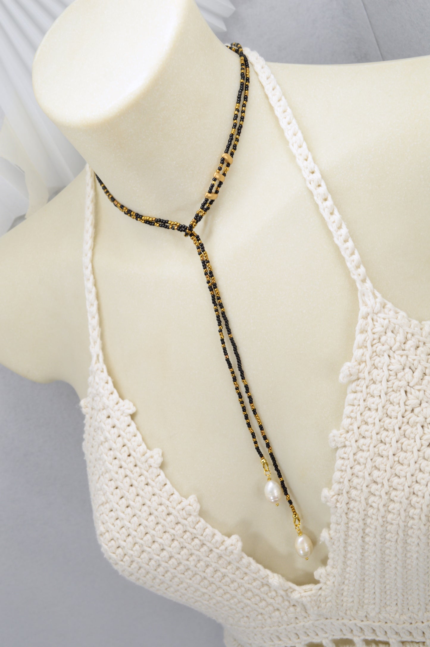 Boho Black & Gold Beaded Lariat Necklace with Pearls – 38" Wrap Y Necklace