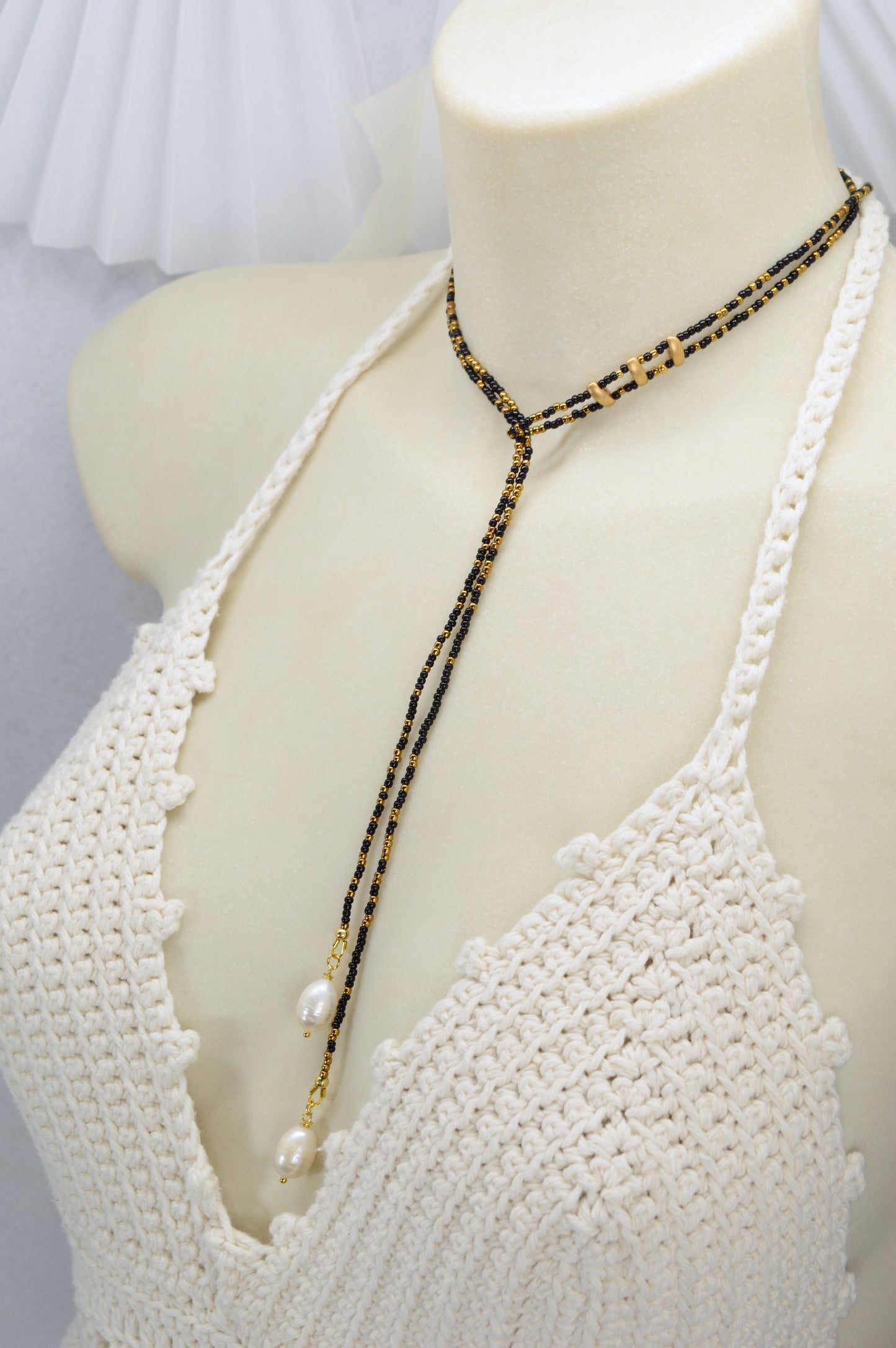 Boho Black & Gold Beaded Lariat Necklace with Pearls – 38" Wrap Y Necklace