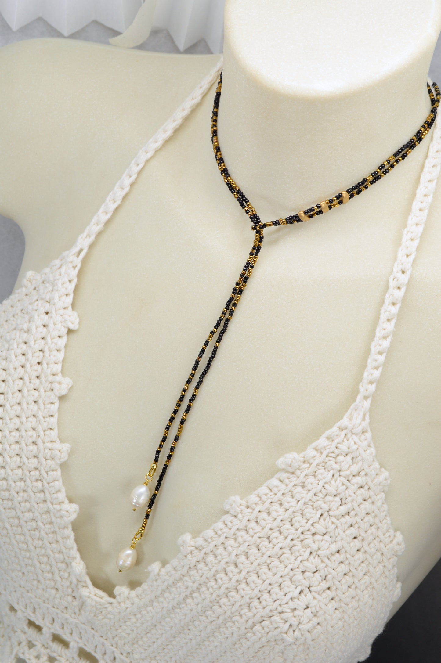 Boho Black & Gold Beaded Lariat Necklace with Pearls – 38" Wrap Y Necklace
