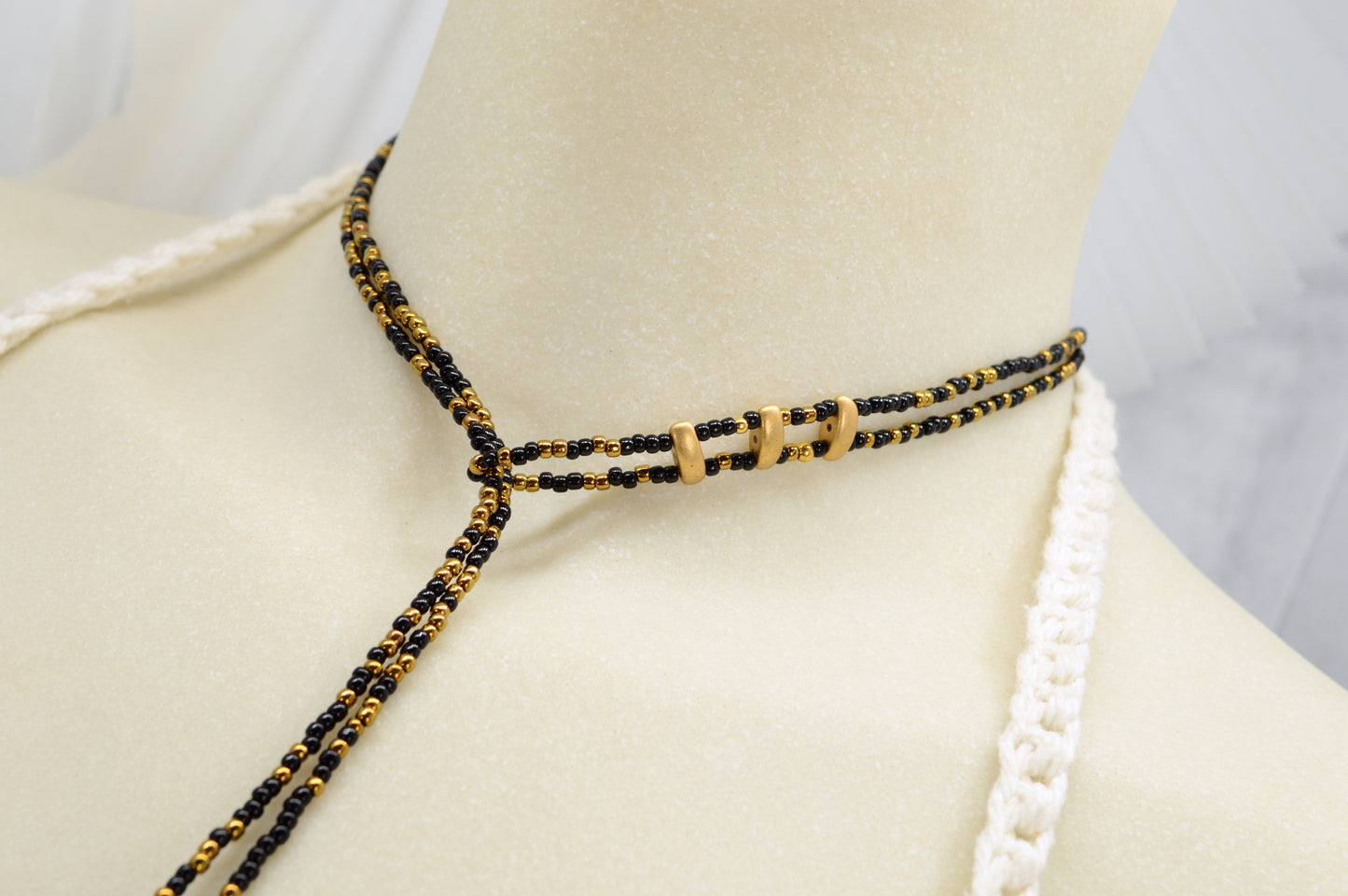 Boho Black & Gold Beaded Lariat Necklace with Pearls – 38" Wrap Y Necklace