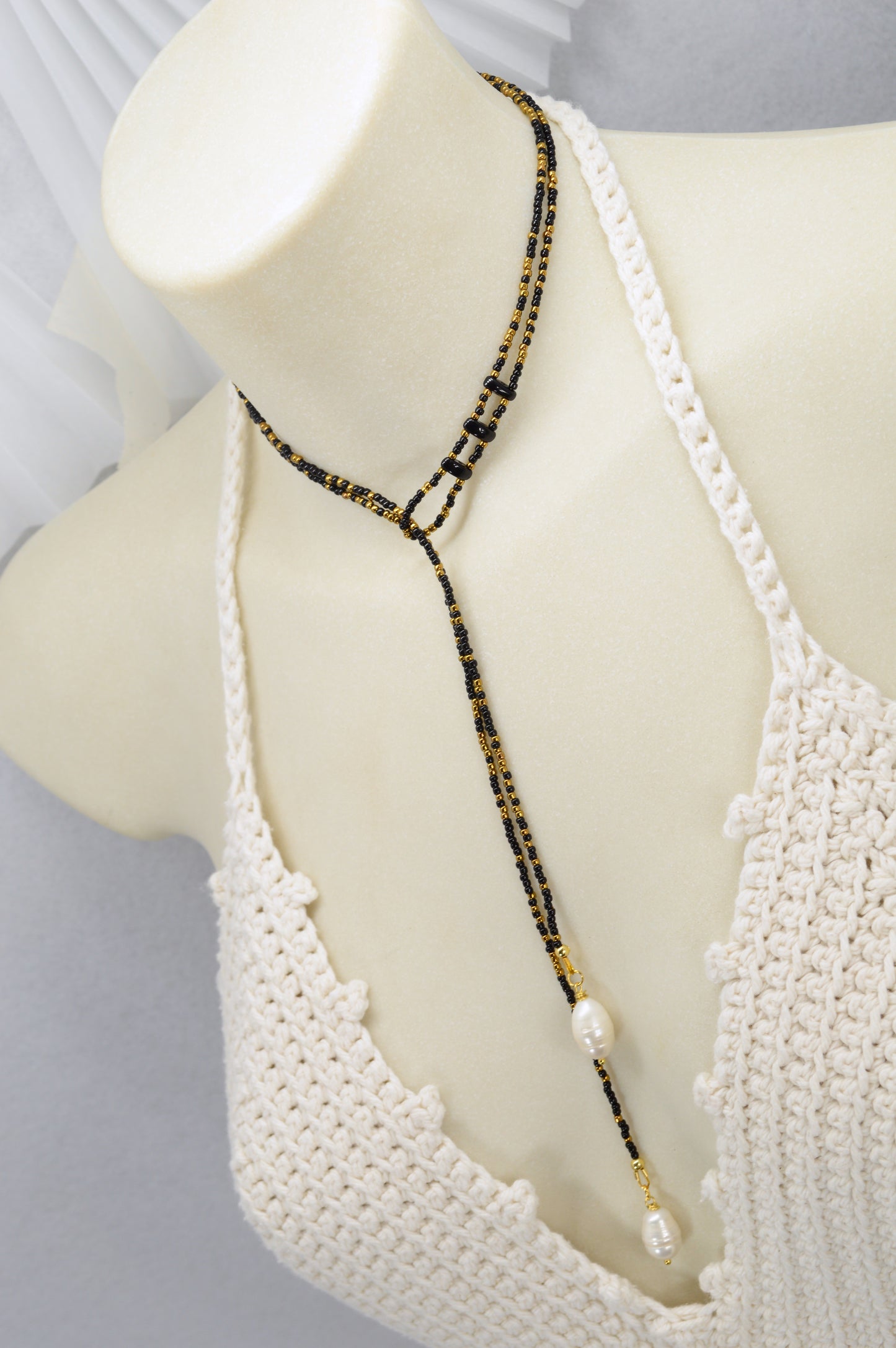 Boho Black & Gold Beaded Lariat Necklace with Pearls – 38" Wrap Y Necklace
