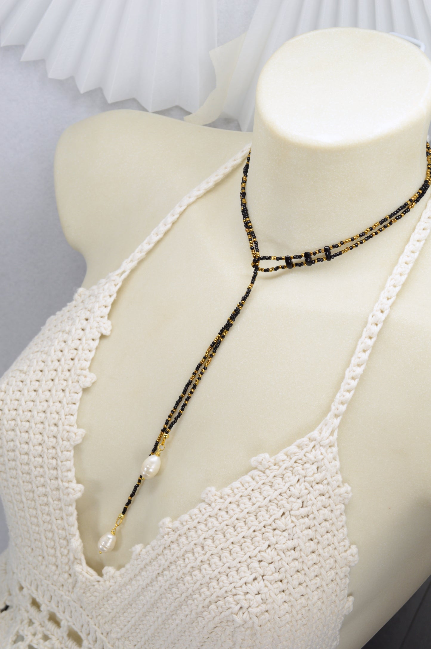Boho Black & Gold Beaded Lariat Necklace with Pearls – 38" Wrap Y Necklace