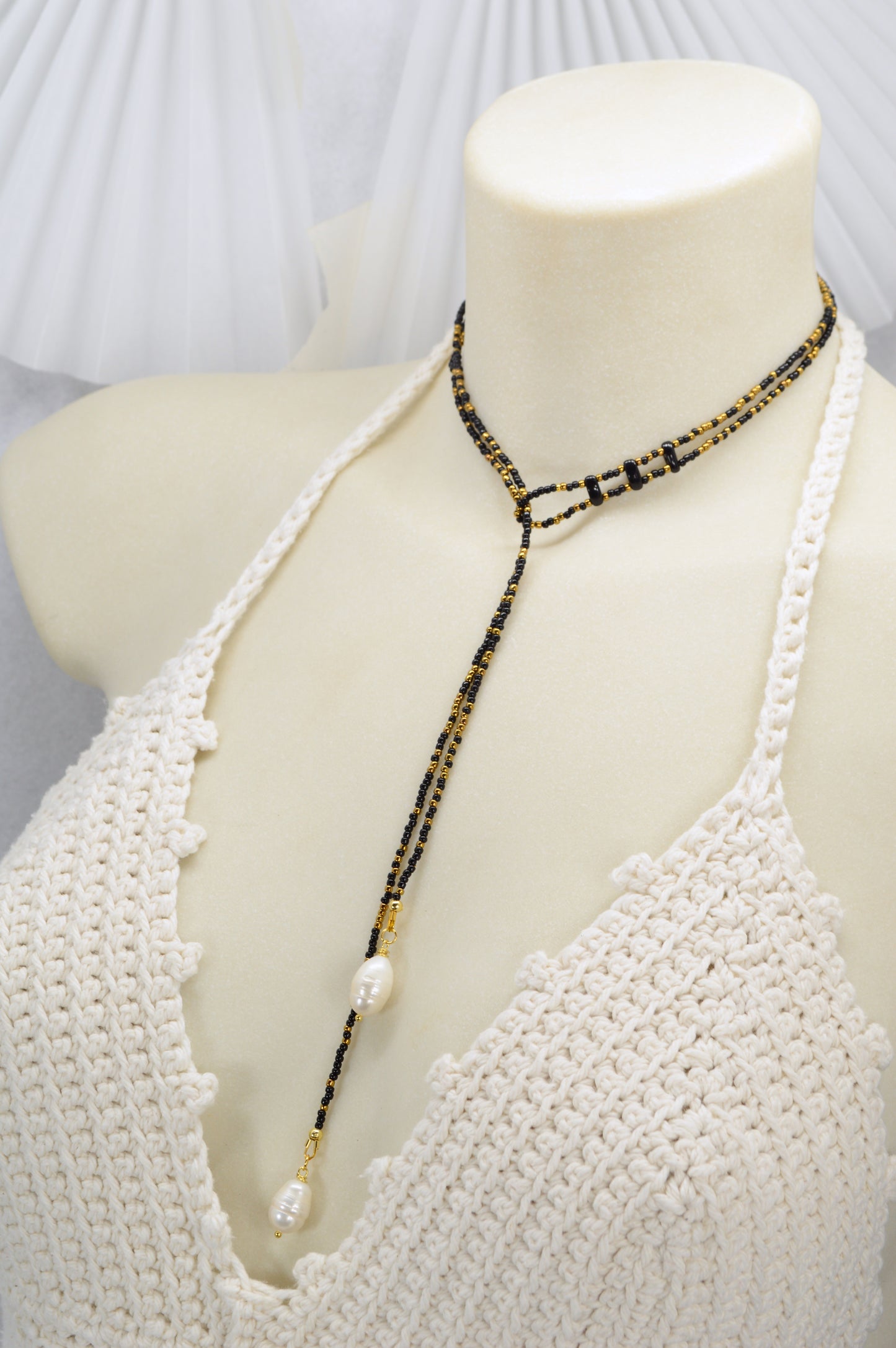 Boho Black & Gold Beaded Lariat Necklace with Pearls – 38" Wrap Y Necklace
