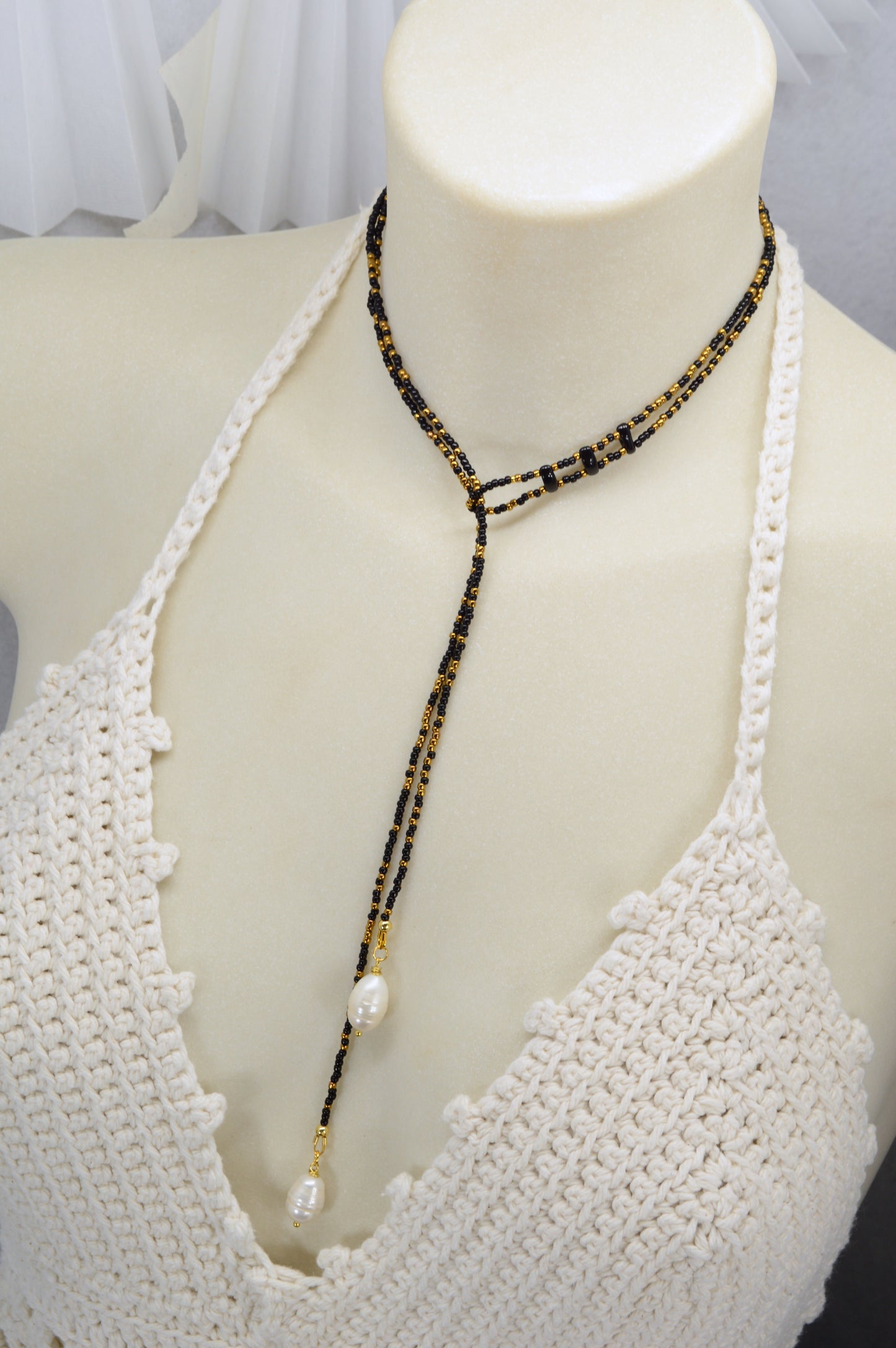 Boho Black & Gold Beaded Lariat Necklace with Pearls – 38" Wrap Y Necklace