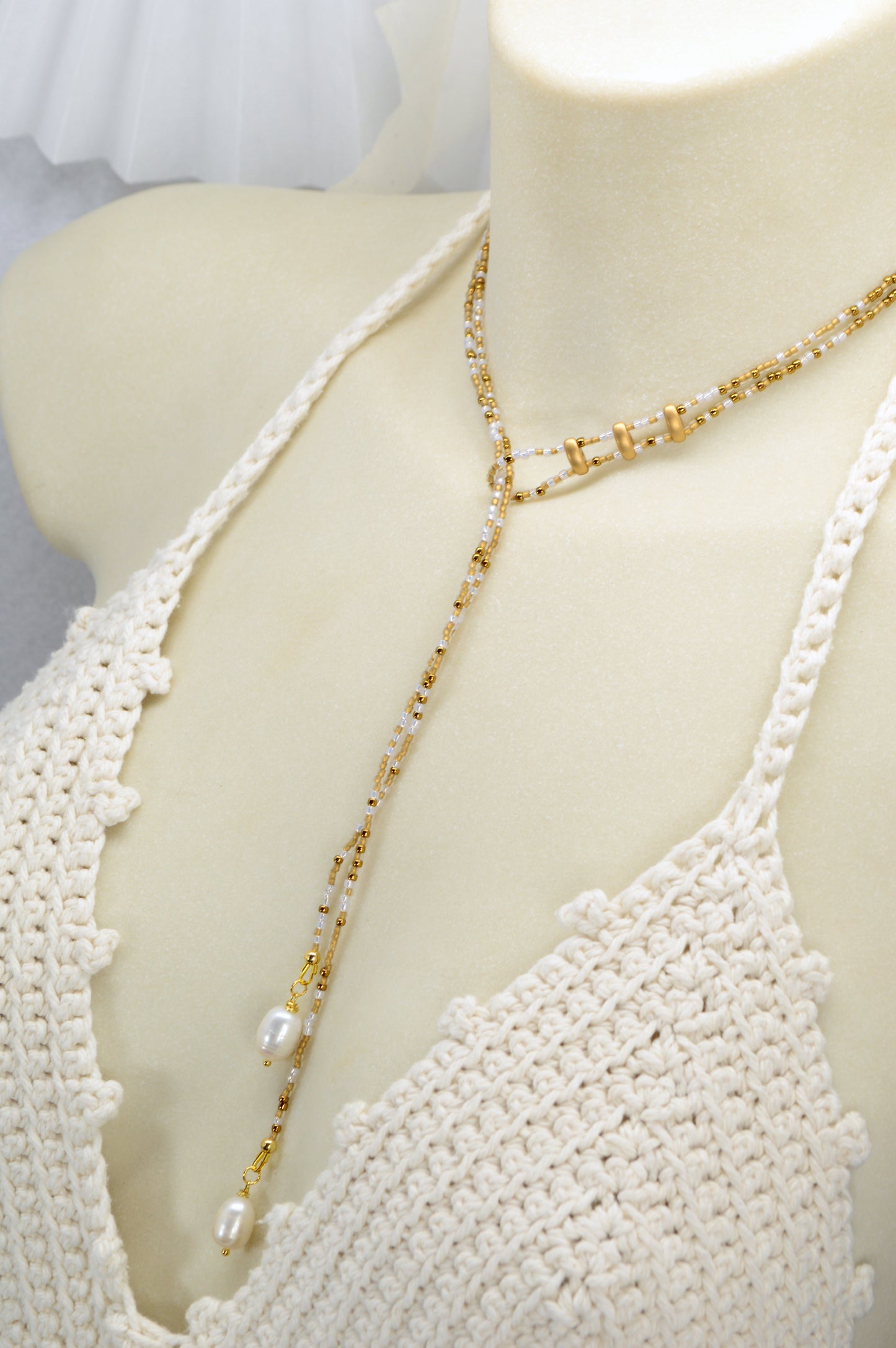Boho White & Gold Beaded Lariat Necklace with Pearls – 38" Wrap Y Necklace