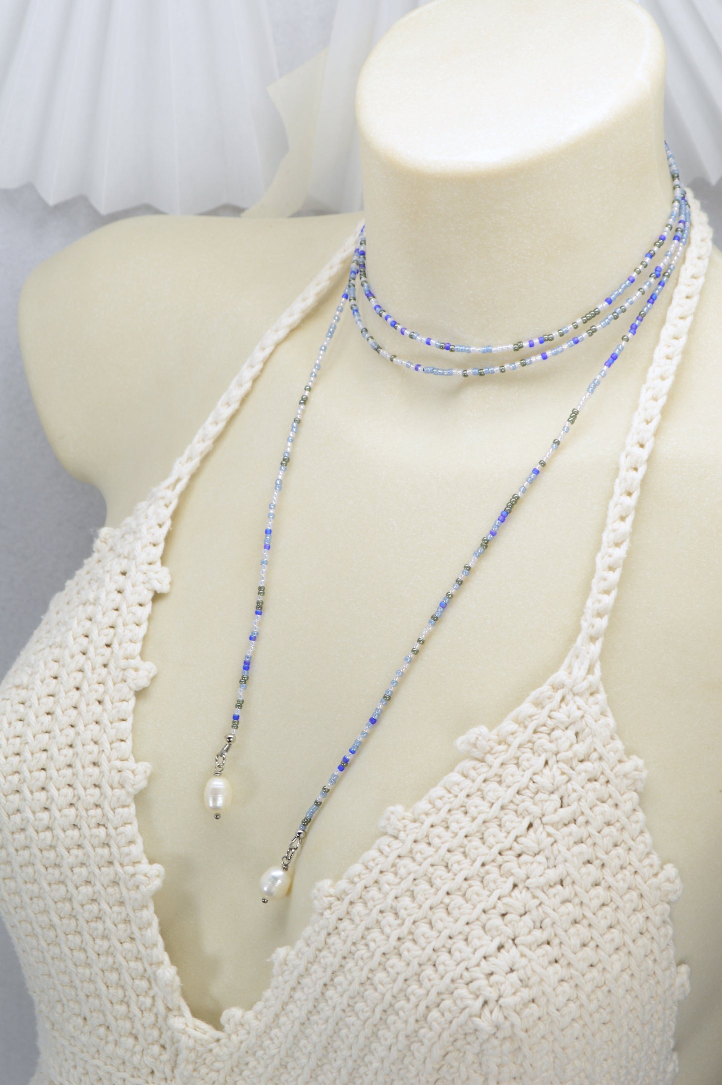 Boho Pearl Beaded Lariat Necklace – 45" Wrap Y Necklace with Pearls – Blue, Black, or Gold