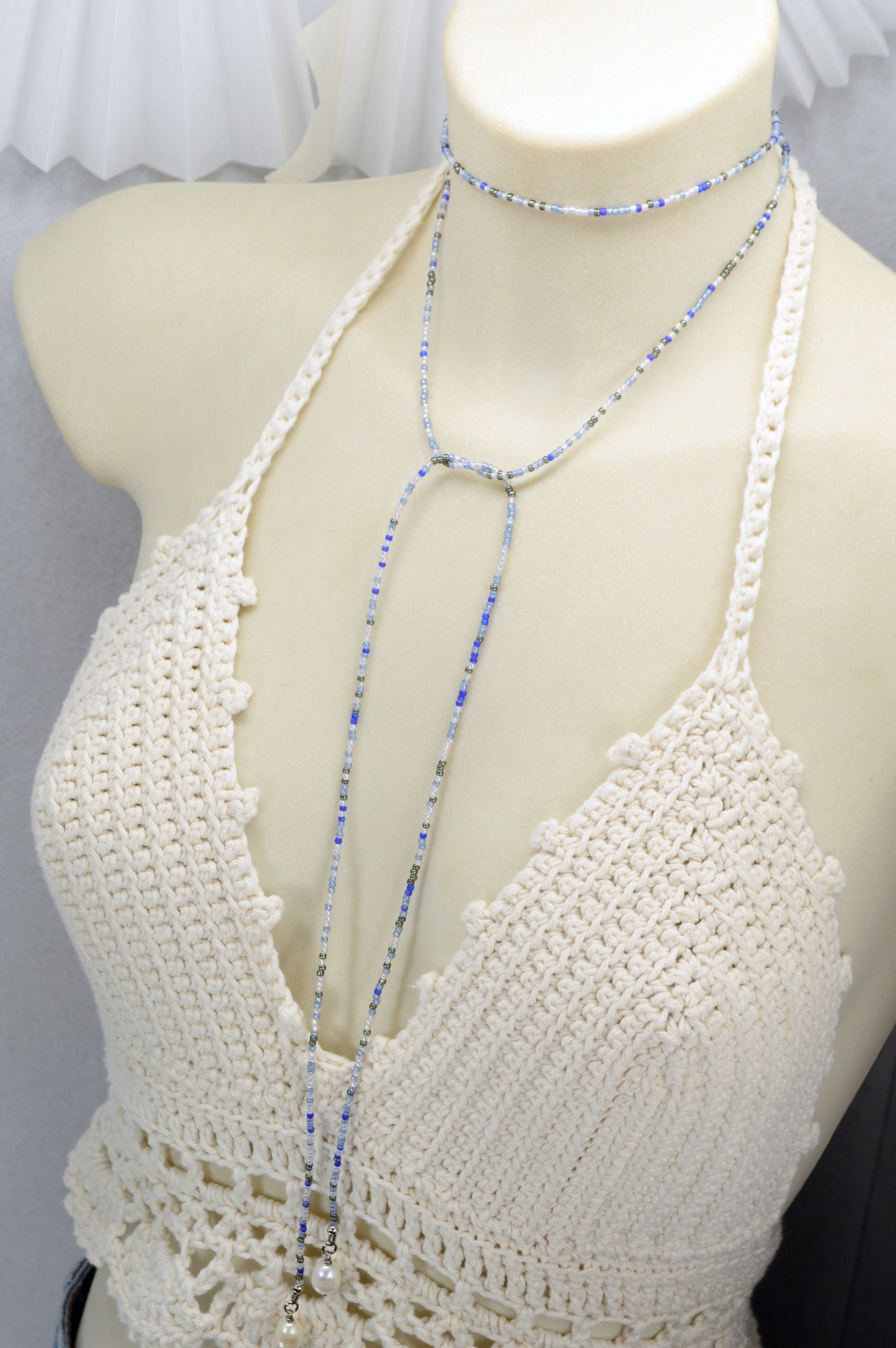 Boho Pearl Beaded Lariat Necklace – 45" Wrap Y Necklace with Pearls – Blue, Black, or Gold