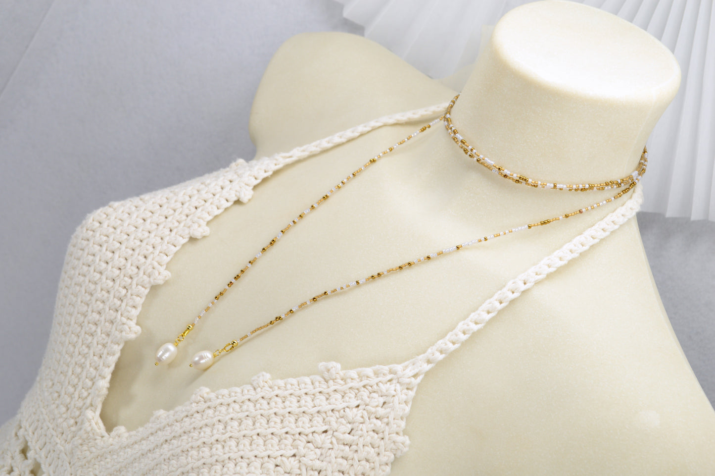 Boho Pearl Beaded Lariat Necklace – 45" Wrap Y Necklace with Pearls – Blue, Black, or Gold