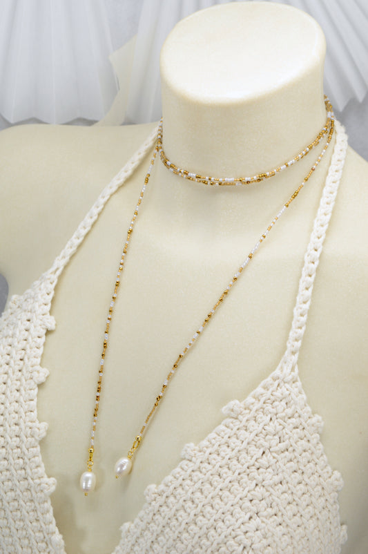 Boho Pearl Beaded Lariat Necklace – 45" Wrap Y Necklace with Pearls – Blue, Black, or Gold