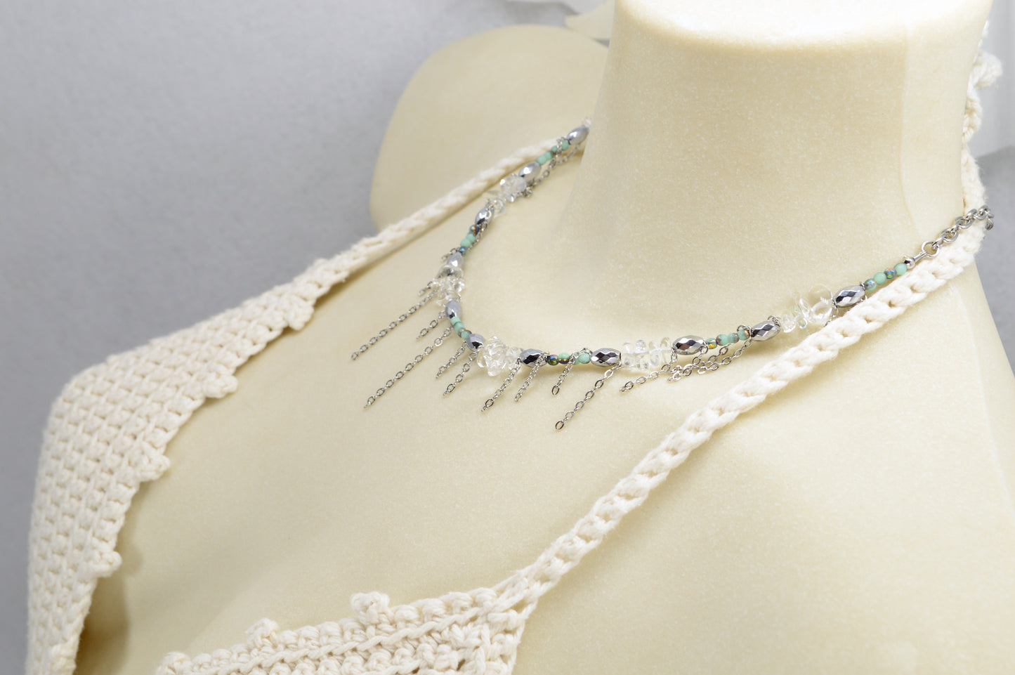 Trendy Mixed Stone & Glass Choker with Stainless Steel Chains