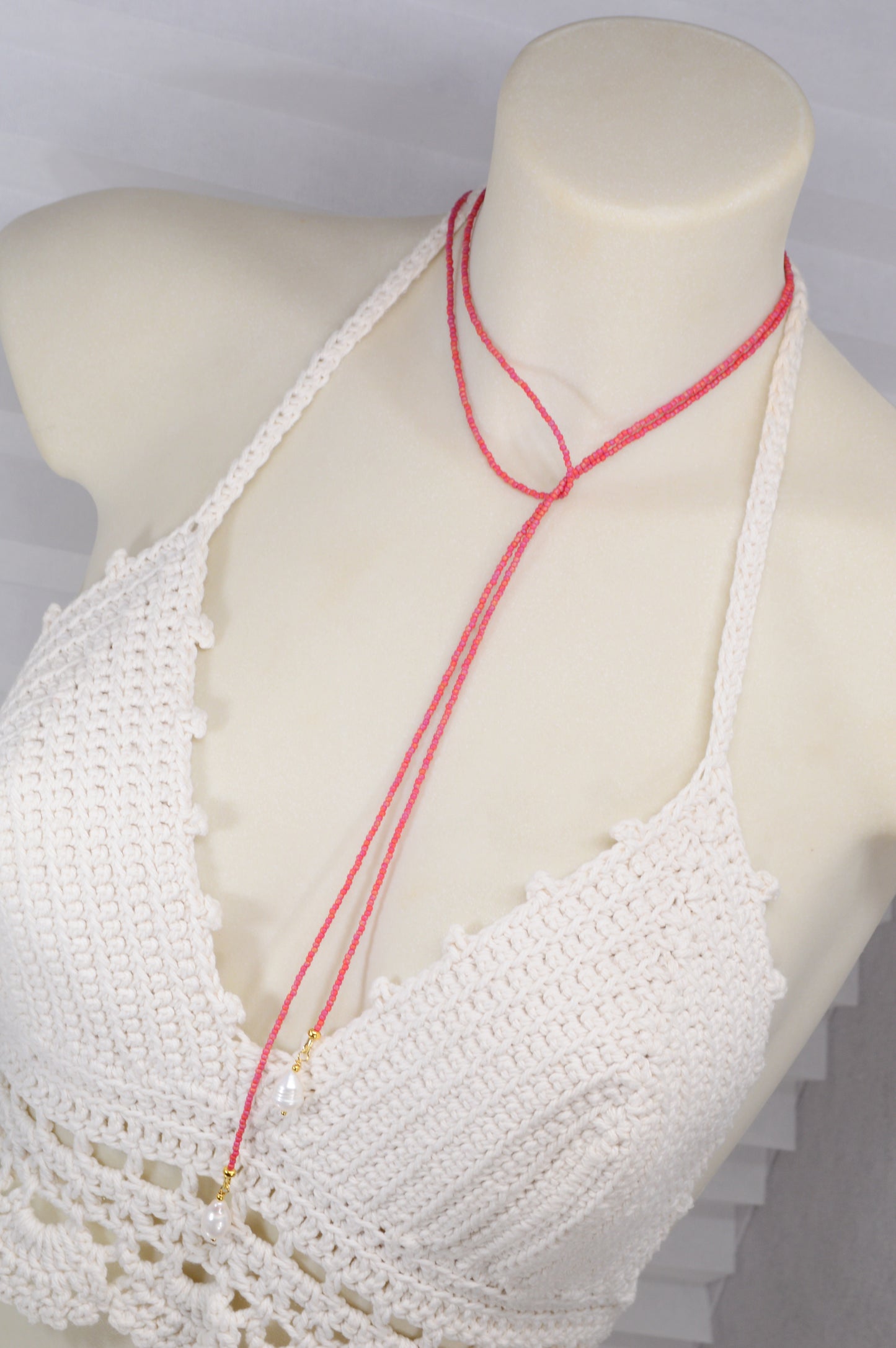 Boho Colorful Beaded Lariat Necklaces – Handmade Wrap Y Necklace with Freshwater Pearls – Blue, Lavender, Purple, Brick Red, Coral
