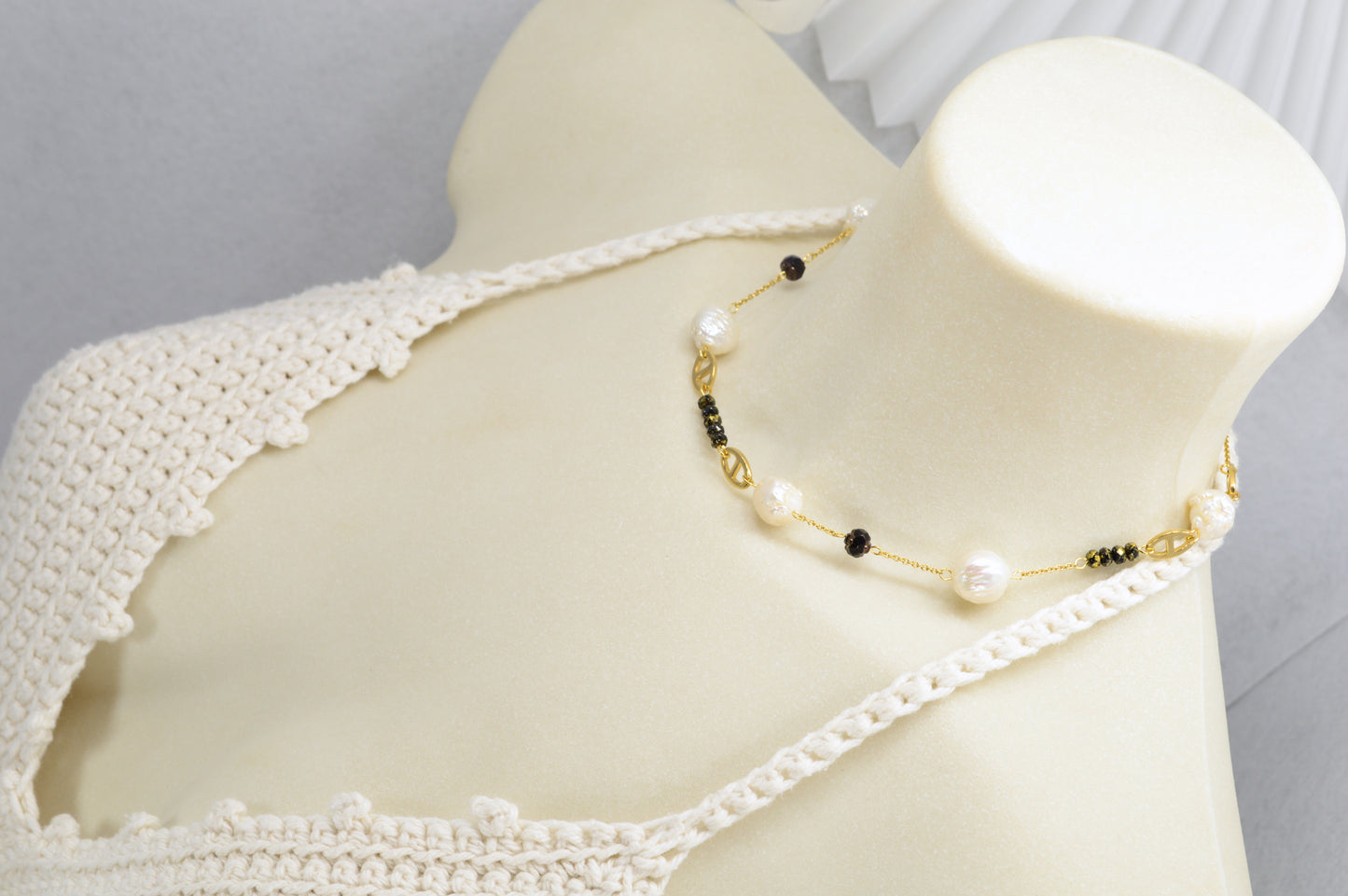 Gold Pearl & Black Bead Necklace | Stainless Steel, Freshwater Pearls & Glass Beads | Adjustable