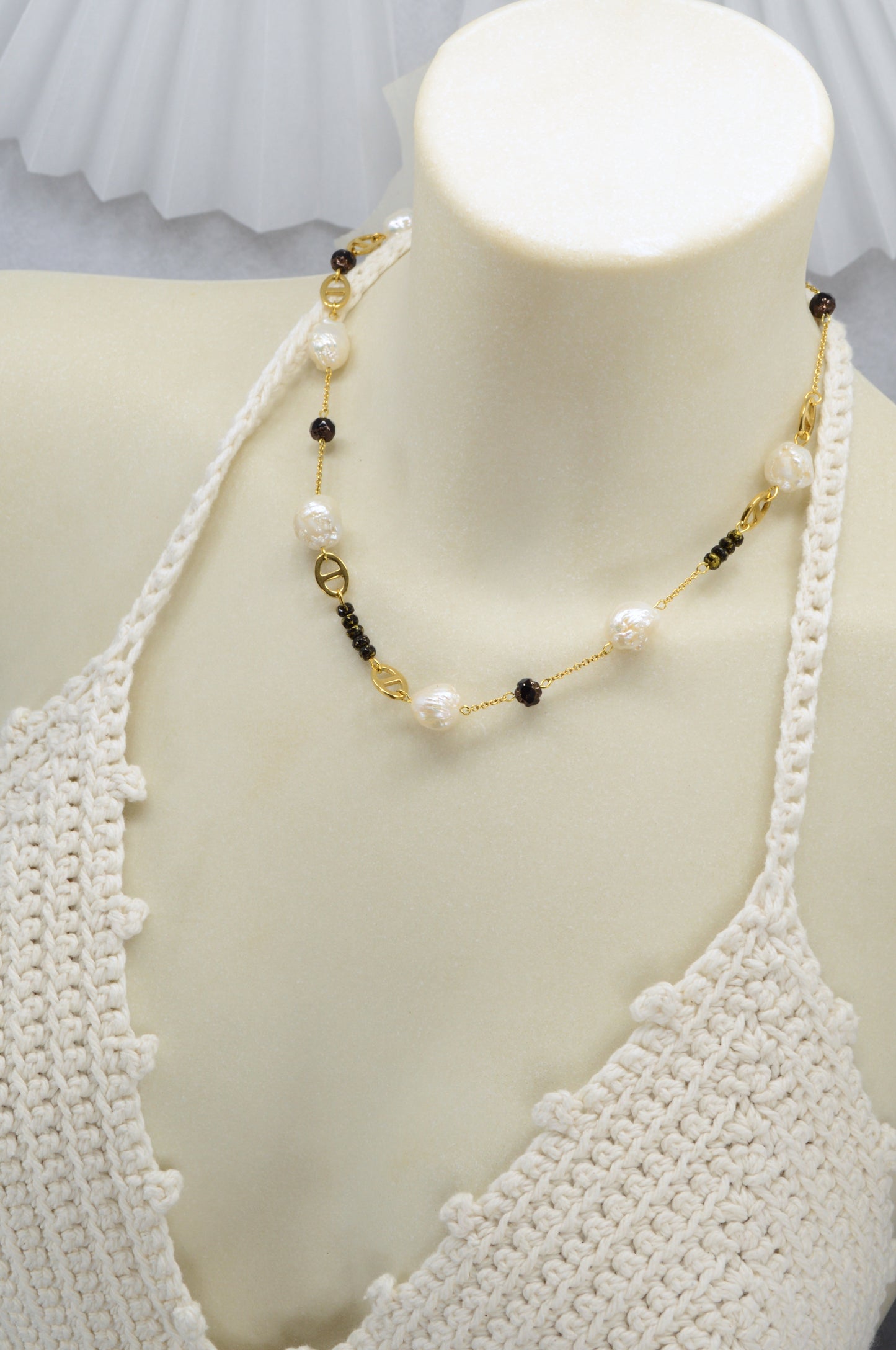 Gold Pearl & Black Bead Necklace | Stainless Steel, Freshwater Pearls & Glass Beads | Adjustable
