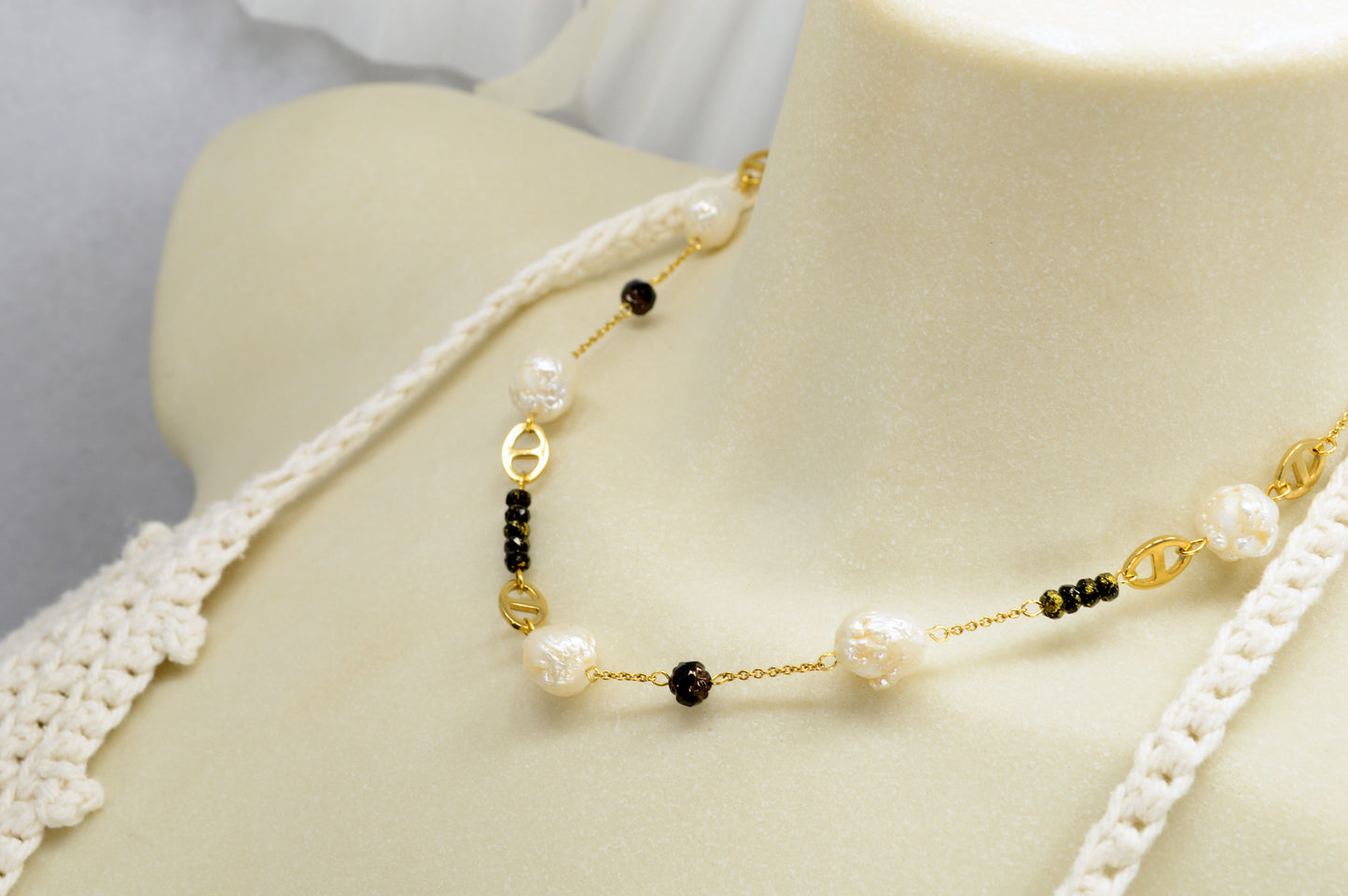 Gold Pearl & Black Bead Necklace | Stainless Steel, Freshwater Pearls & Glass Beads | Adjustable