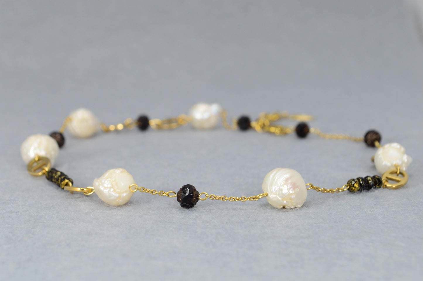 Gold Pearl & Black Bead Necklace | Stainless Steel, Freshwater Pearls & Glass Beads | Adjustable