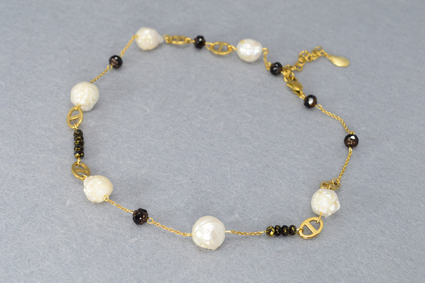 Gold Pearl & Black Bead Necklace | Stainless Steel, Freshwater Pearls & Glass Beads | Adjustable