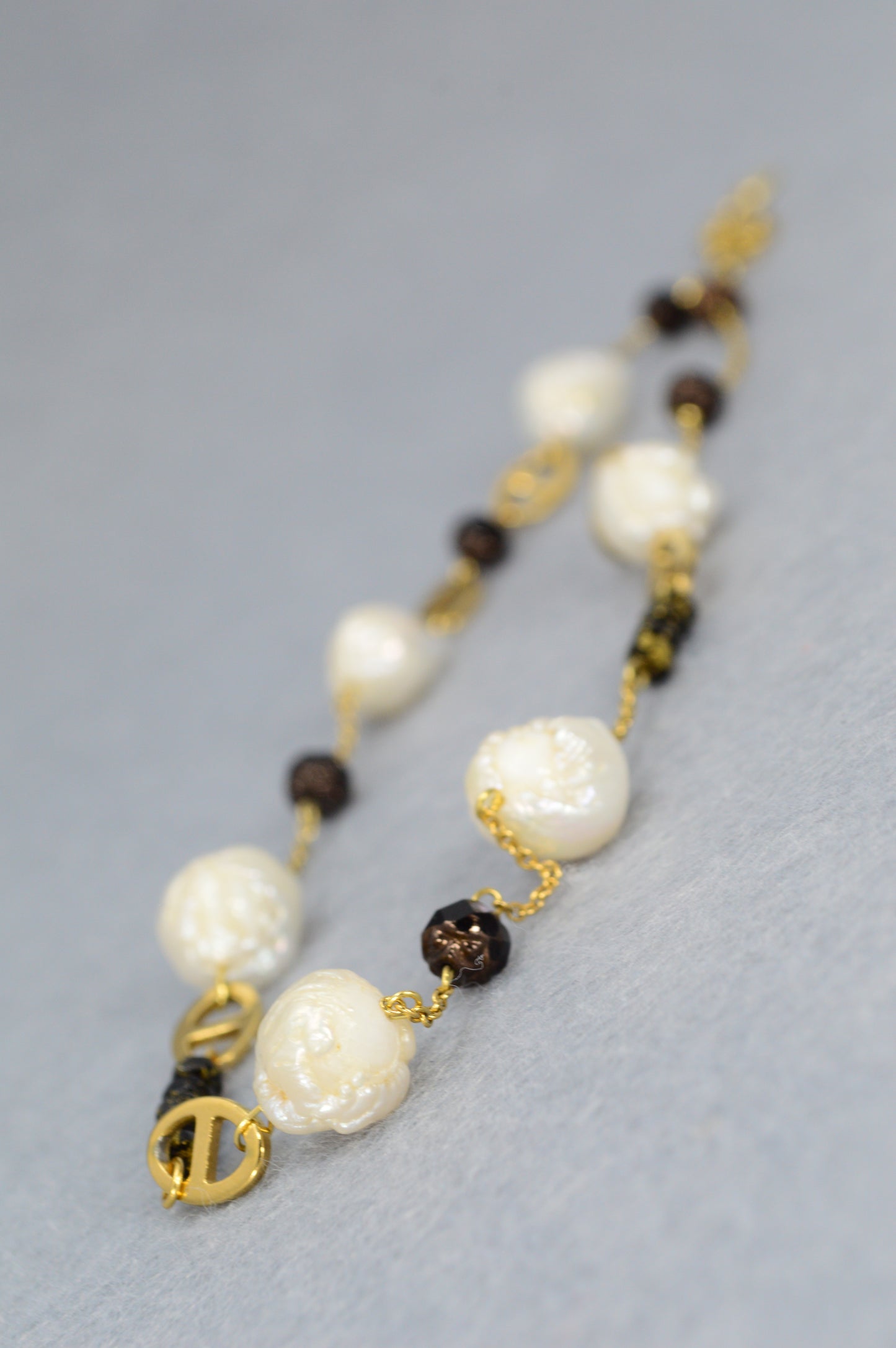 Gold Pearl & Black Bead Necklace | Stainless Steel, Freshwater Pearls & Glass Beads | Adjustable