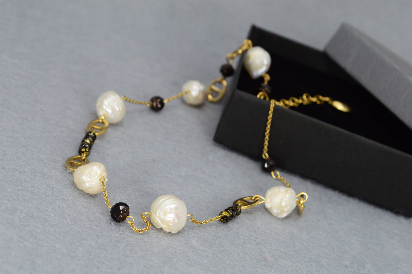 Gold Pearl & Black Bead Necklace | Stainless Steel, Freshwater Pearls & Glass Beads | Adjustable