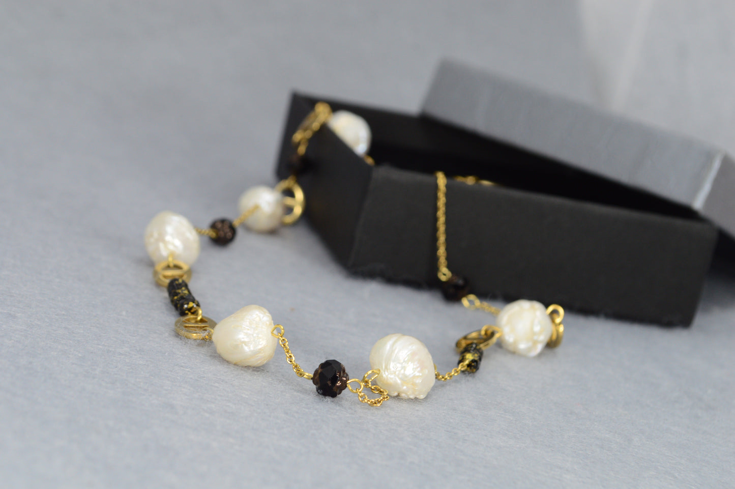 Gold Pearl & Black Bead Necklace | Stainless Steel, Freshwater Pearls & Glass Beads | Adjustable