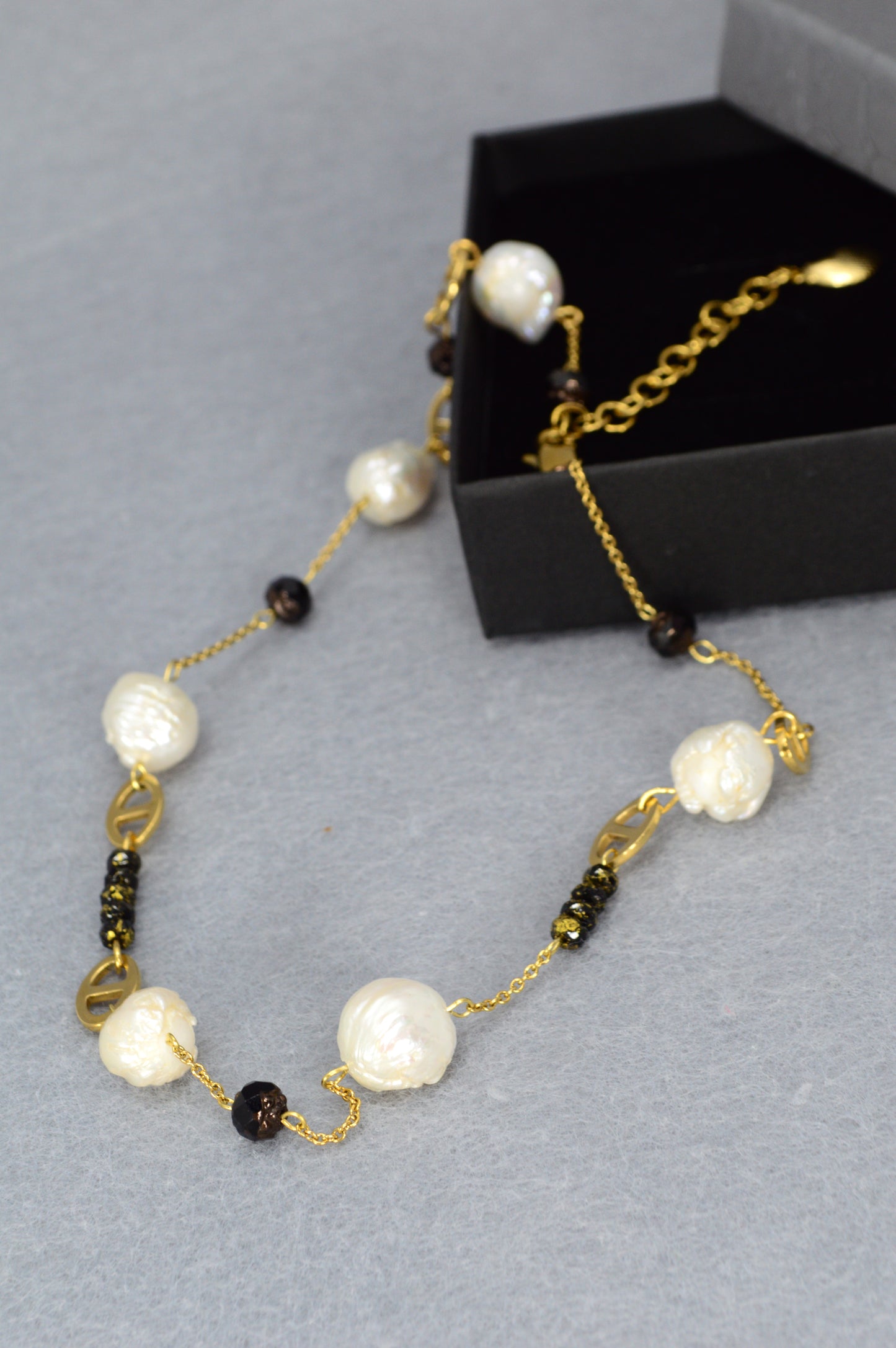 Gold Pearl & Black Bead Necklace | Stainless Steel, Freshwater Pearls & Glass Beads | Adjustable