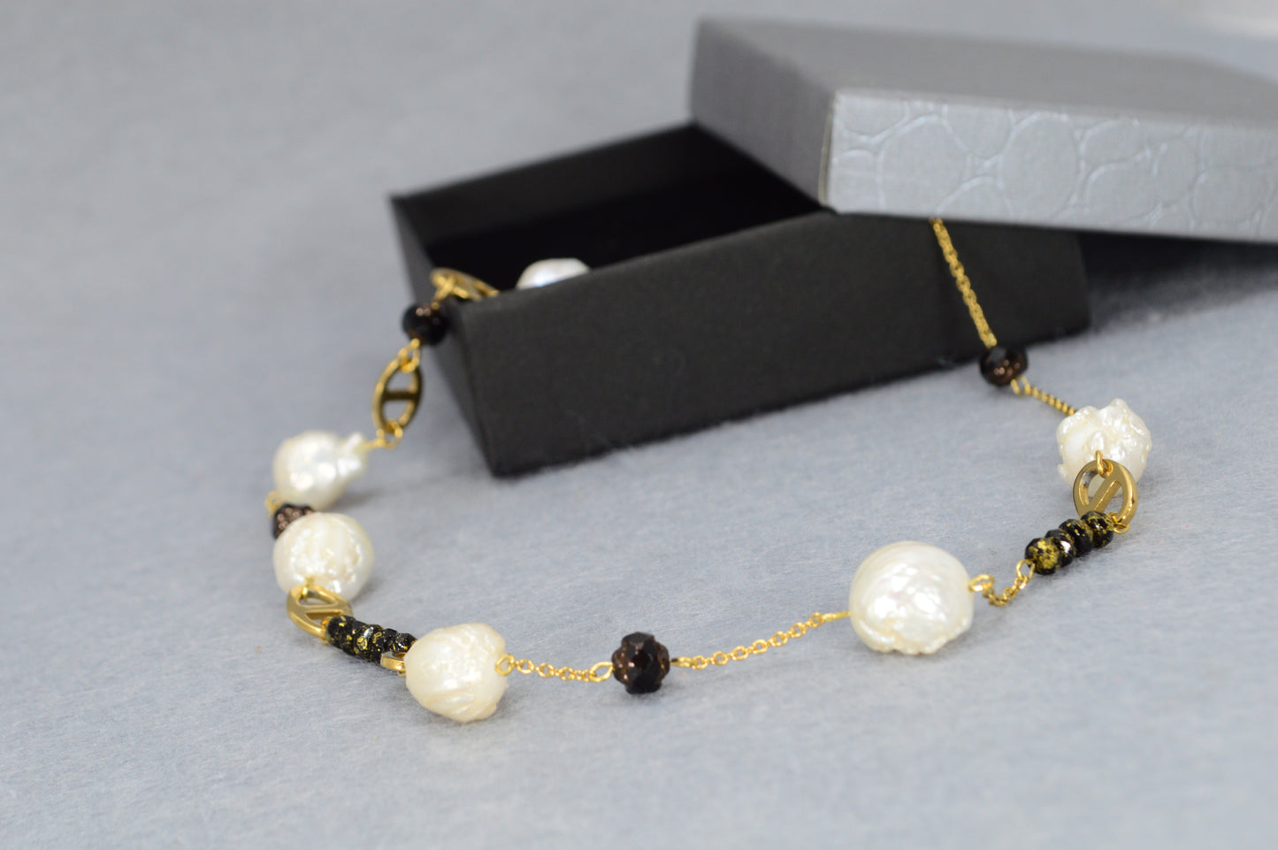 Gold Pearl & Black Bead Necklace | Stainless Steel, Freshwater Pearls & Glass Beads | Adjustable