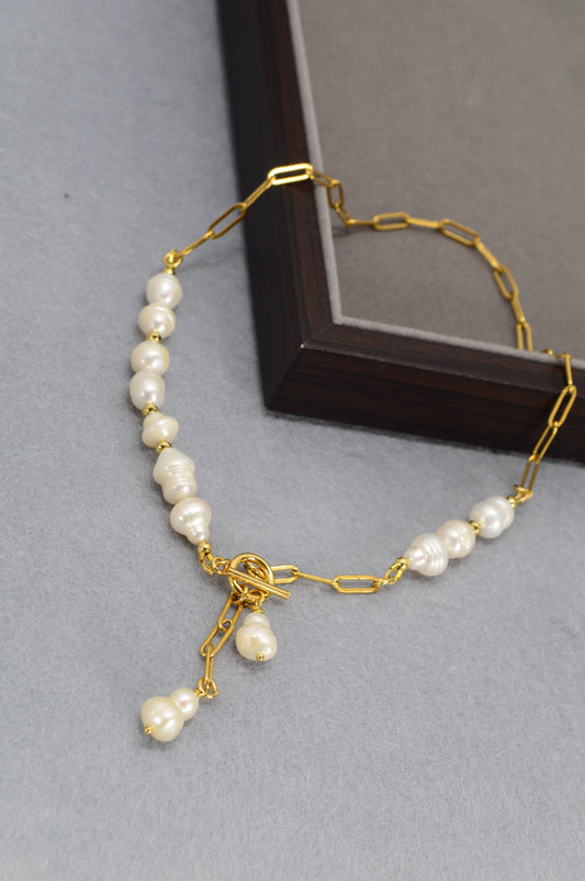 Gold Asymmetrical Pearl Necklace | Stainless Steel & Freshwater Pearls | Modern Baroque