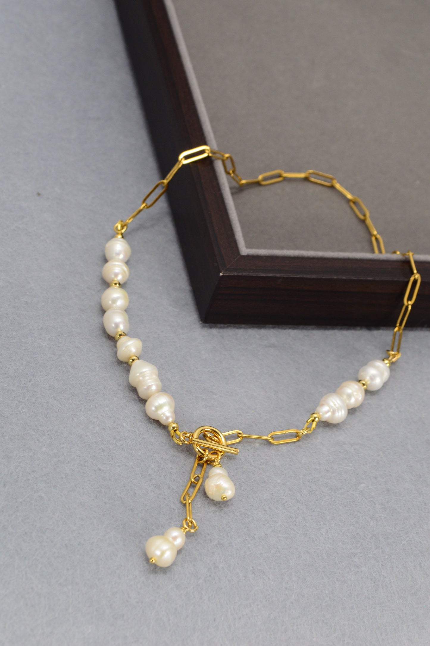 Gold Asymmetrical Pearl Necklace | Stainless Steel & Freshwater Pearls | Modern Baroque